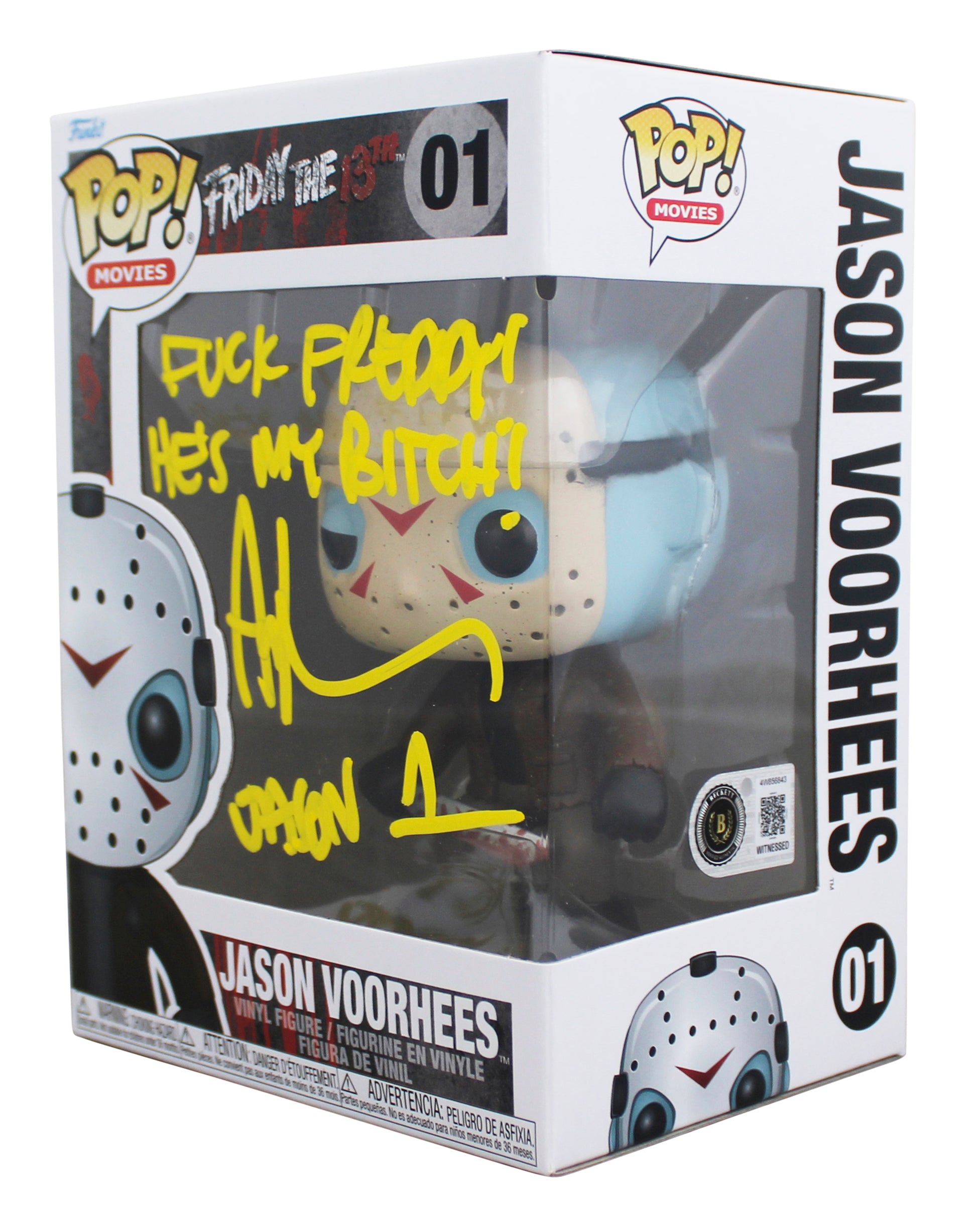 Ari Lehman "2x Insc" Signed #01 Funko Pop Figure w/ Yellow Sig BAS Witnessed