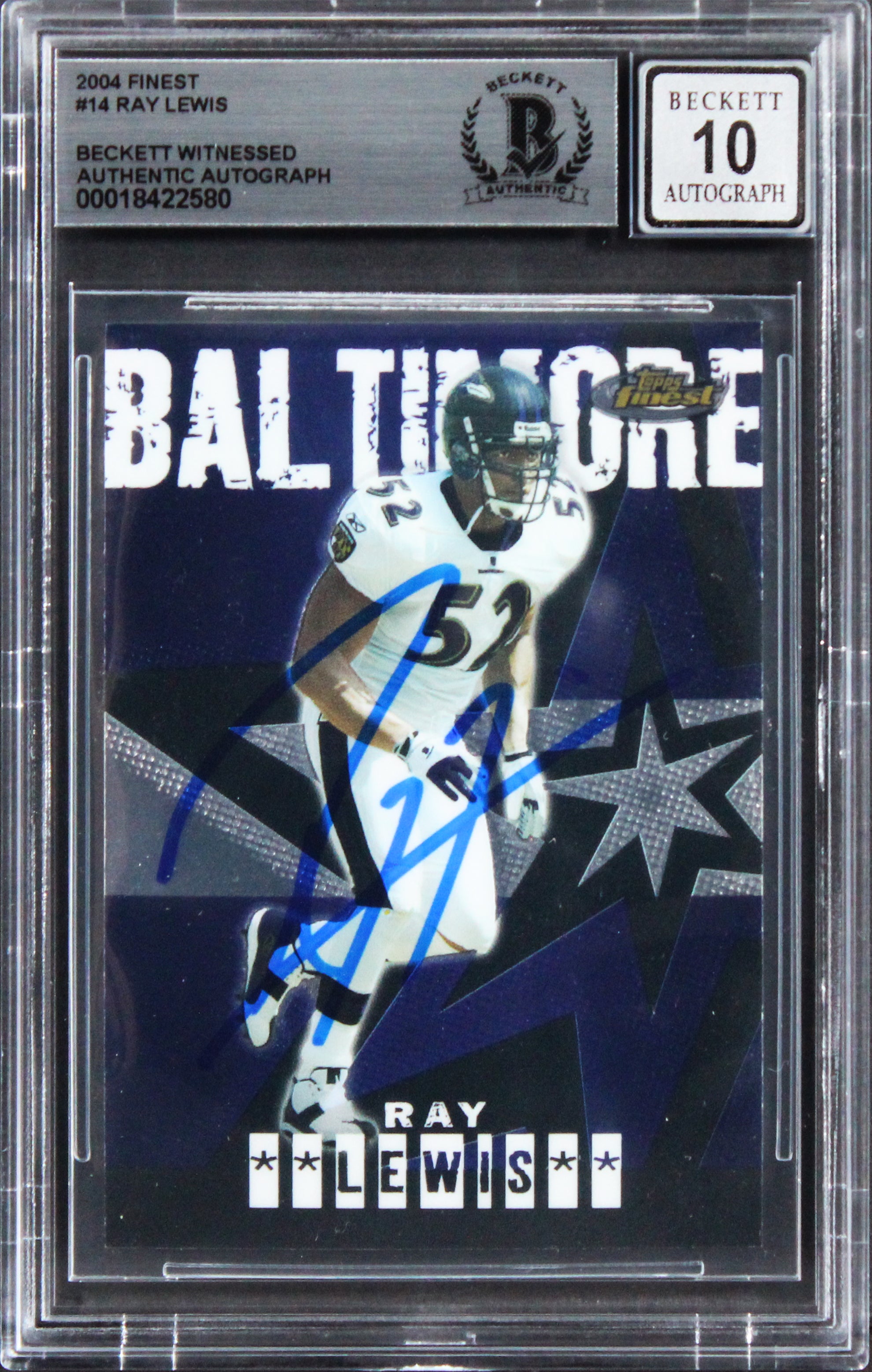 Ravens Ray Lewis Signed 2001 Finest #14 Card Auto Grade Gem Mint 10! BAS Slabbed