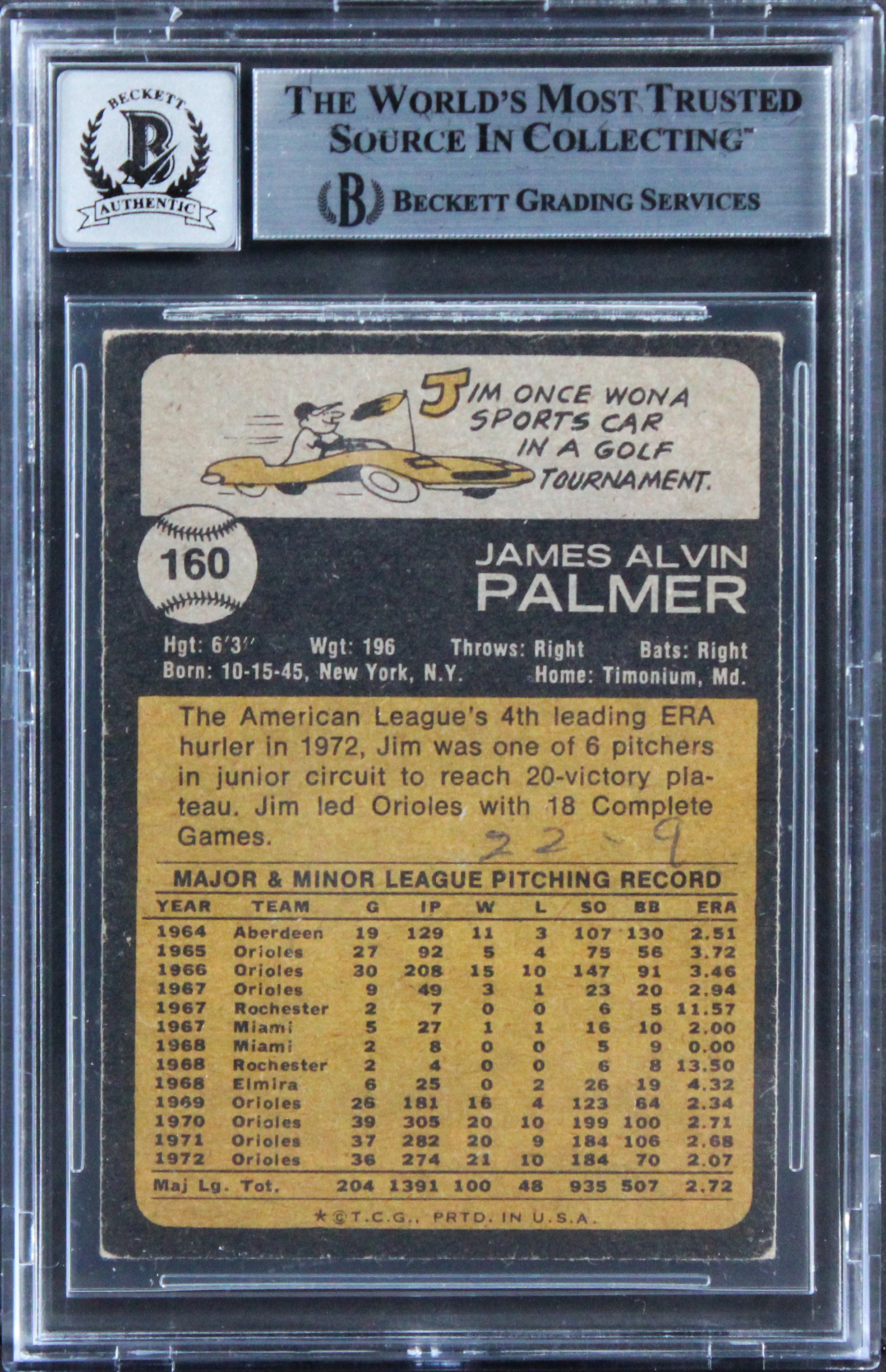 Orioles Jim Palmer Signed 2022 Topps #160 Card Auto Graded 10! BAS Slabbed