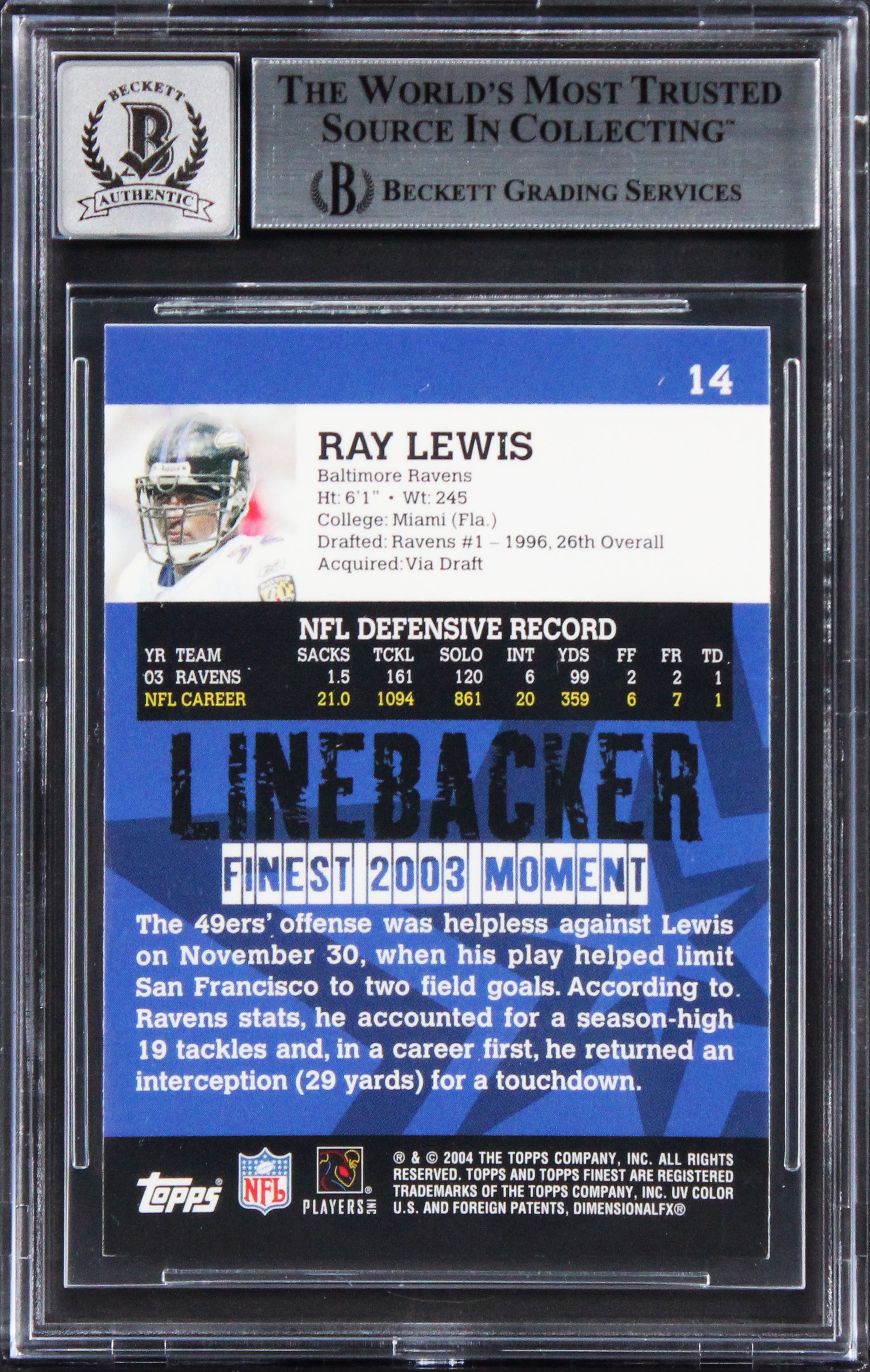 Ravens Ray Lewis Signed 2001 Finest #14 Card Auto Grade Gem Mint 10! BAS Slabbed