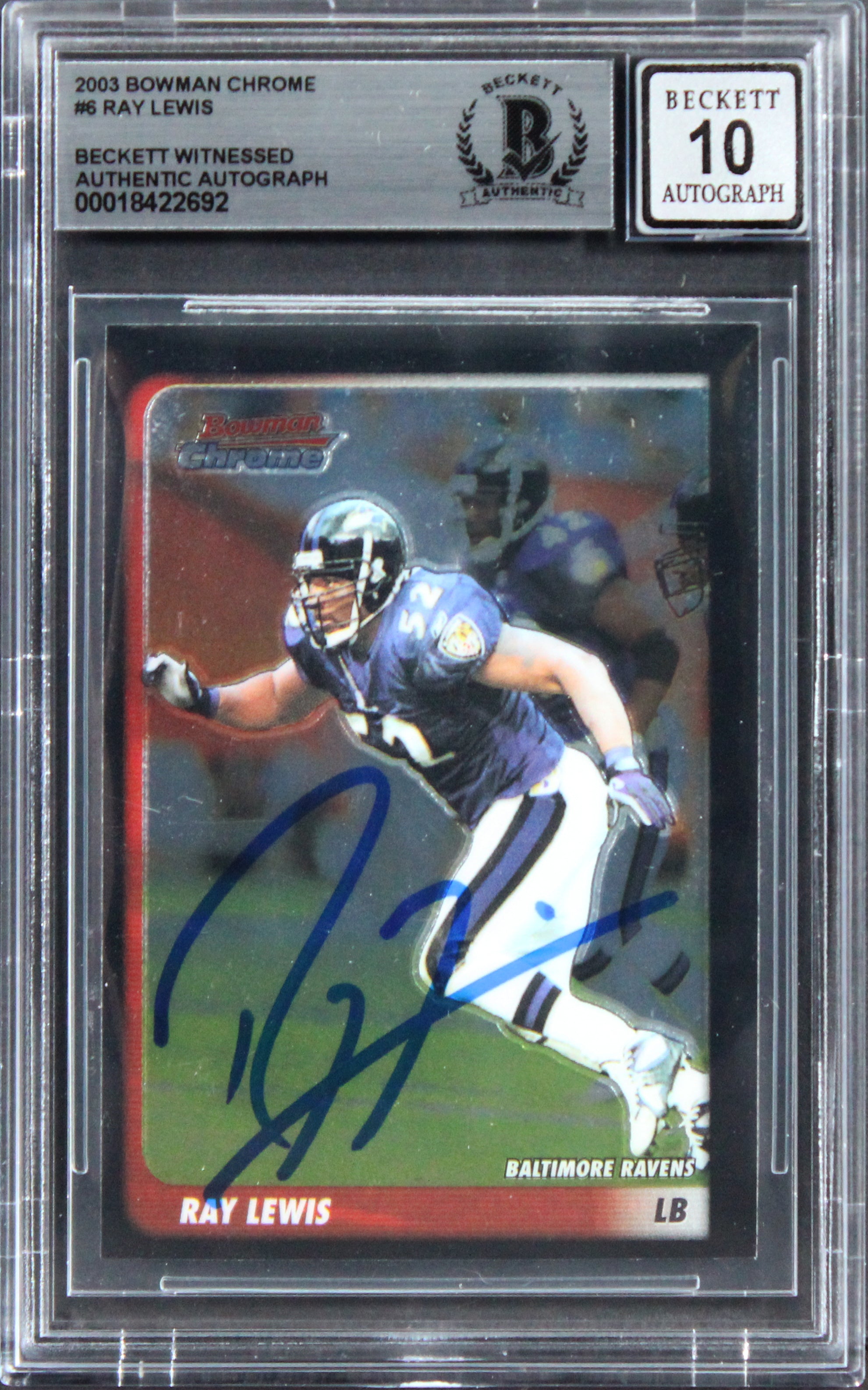 Ravens Ray Lewis Signed 2003 Bowman Chrome #6 Card Auto Graded 10! BAS Slabbed