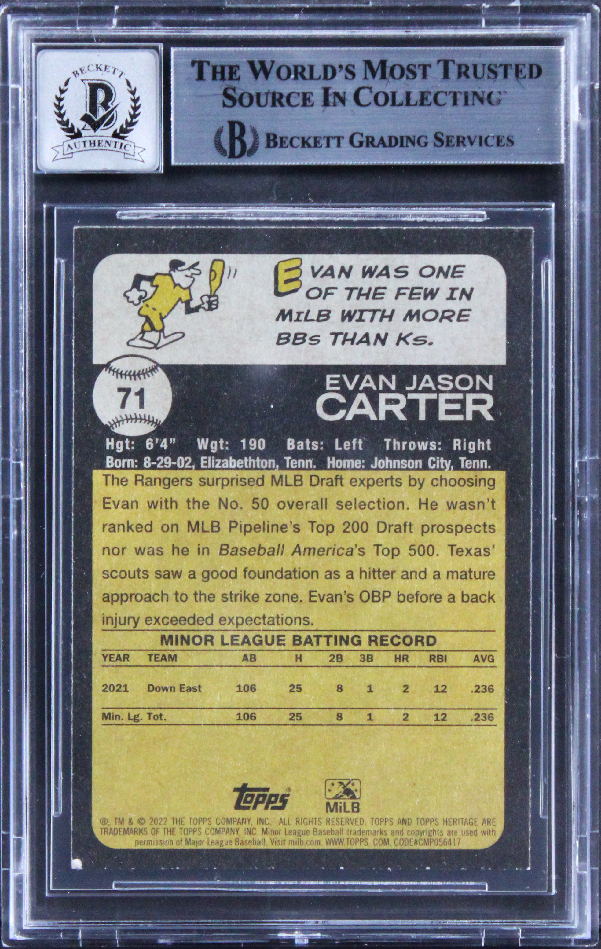 Rangers Evan Carter Signed 2022 Topps Heritage Min #71 Card Auto 10! BAS Slabbed