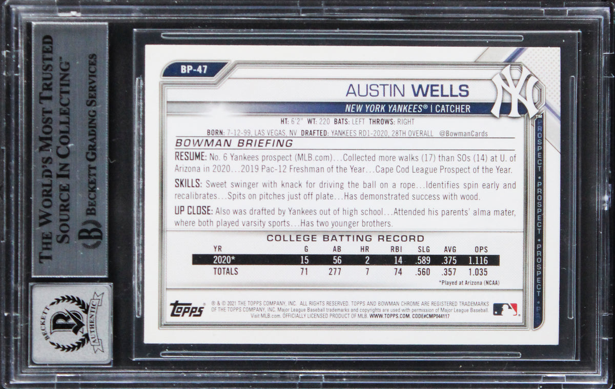 Yankees Austin Wells Signed 2021 Bowman Prospects #BP47 Card Auto 10! BAS Slab
