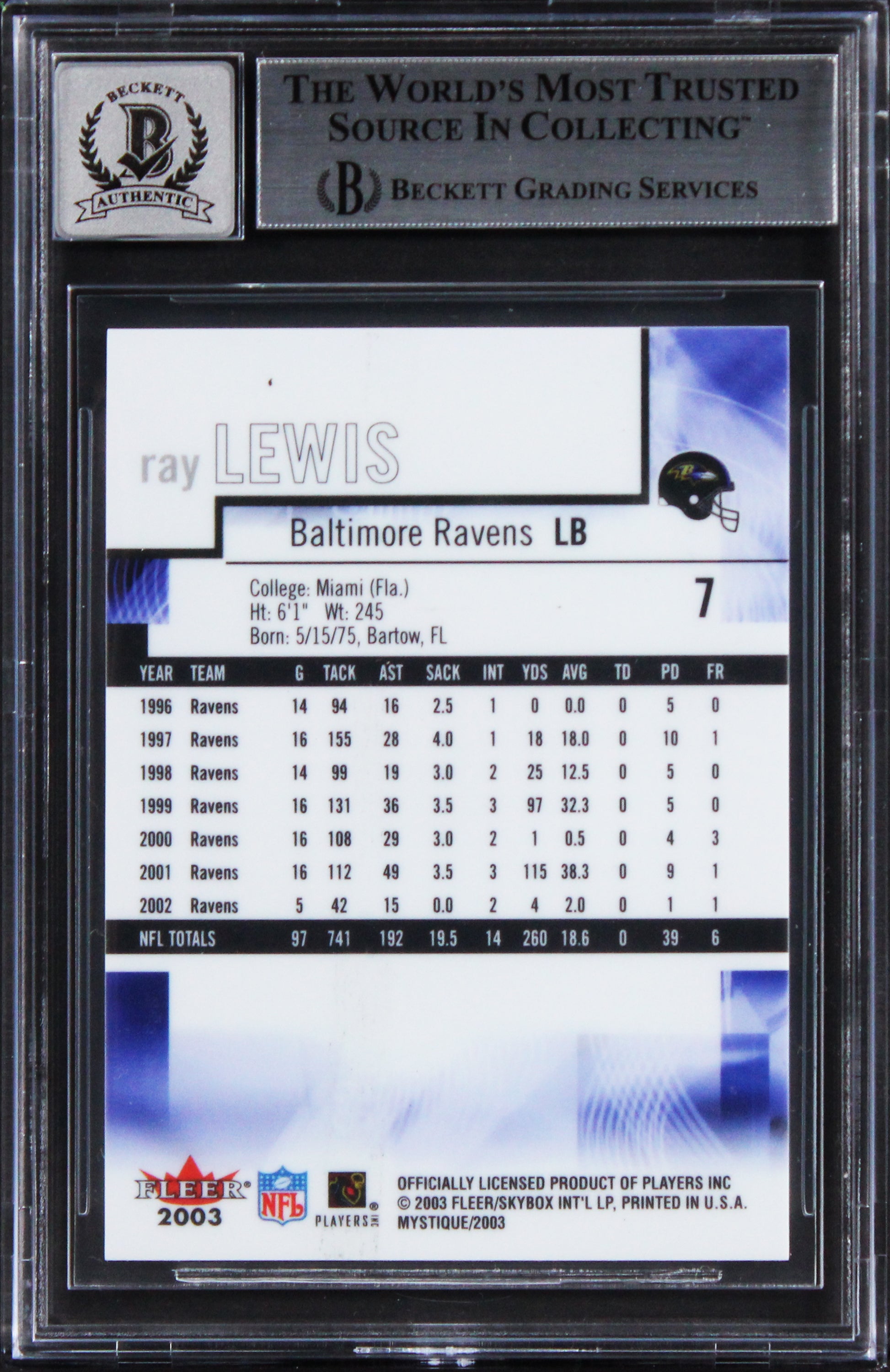 Ravens Ray Lewis Signed 2003 Fleer Mystique #7 Card Auto Graded 10! BAS Slabbed