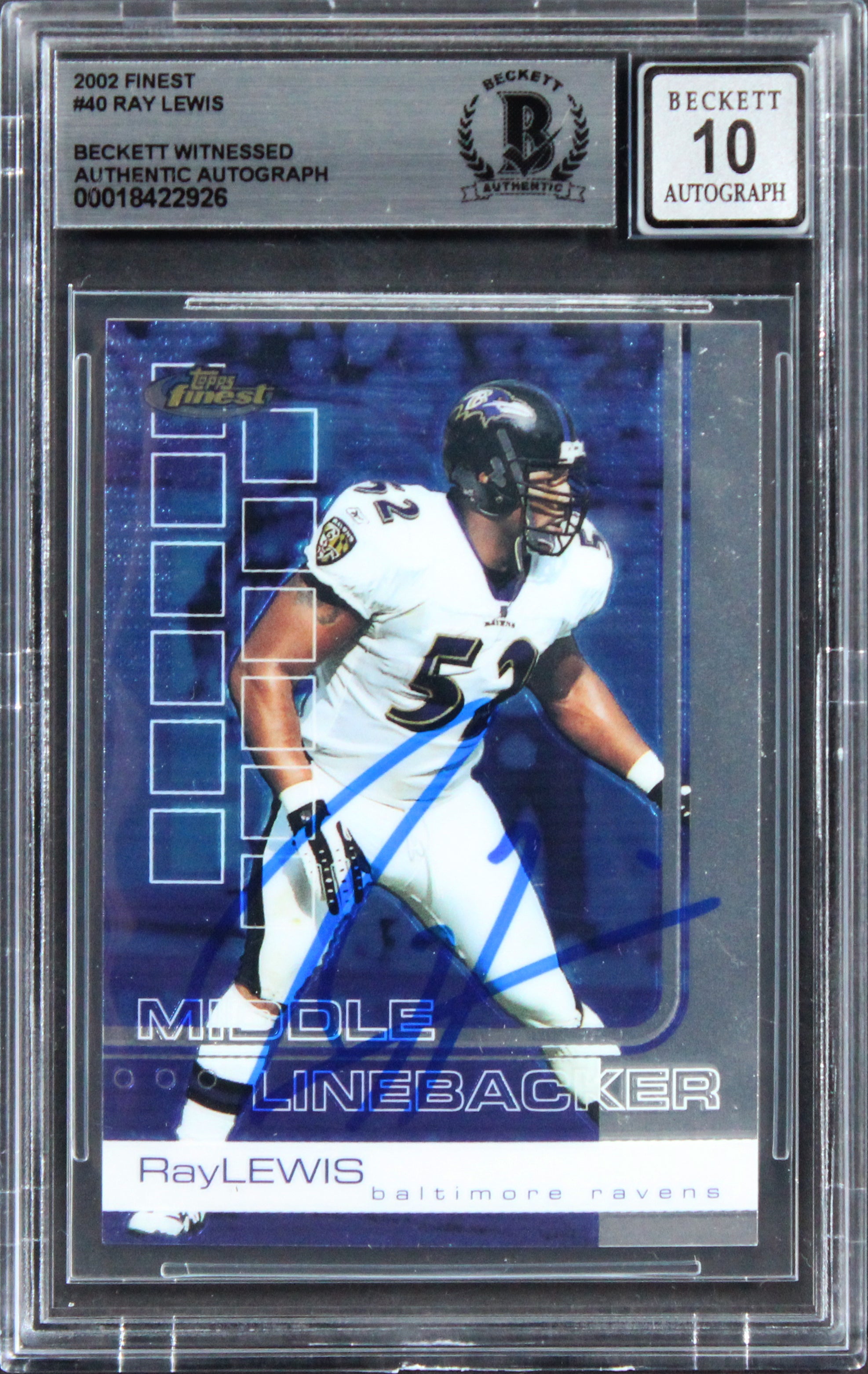 Ravens Ray Lewis Signed 2002 Finest #40 Card Auto Grade Gem Mint 10! BAS Slabbed