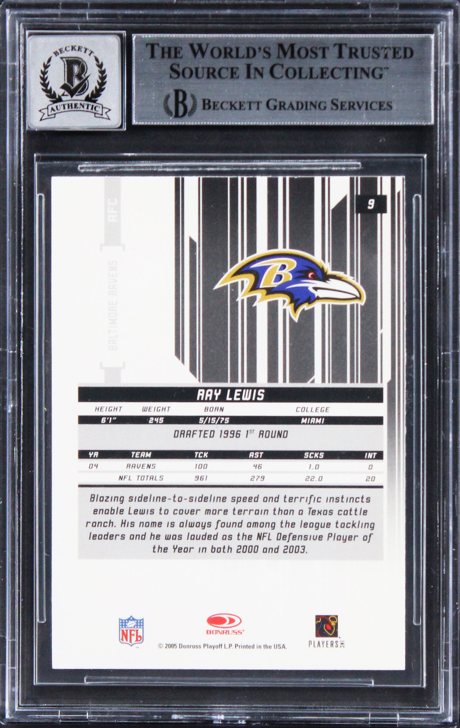 Ravens Ray Lewis Signed 2005 Leaf Rookies & Stars #9 Card Auto 10! BAS Slabbed