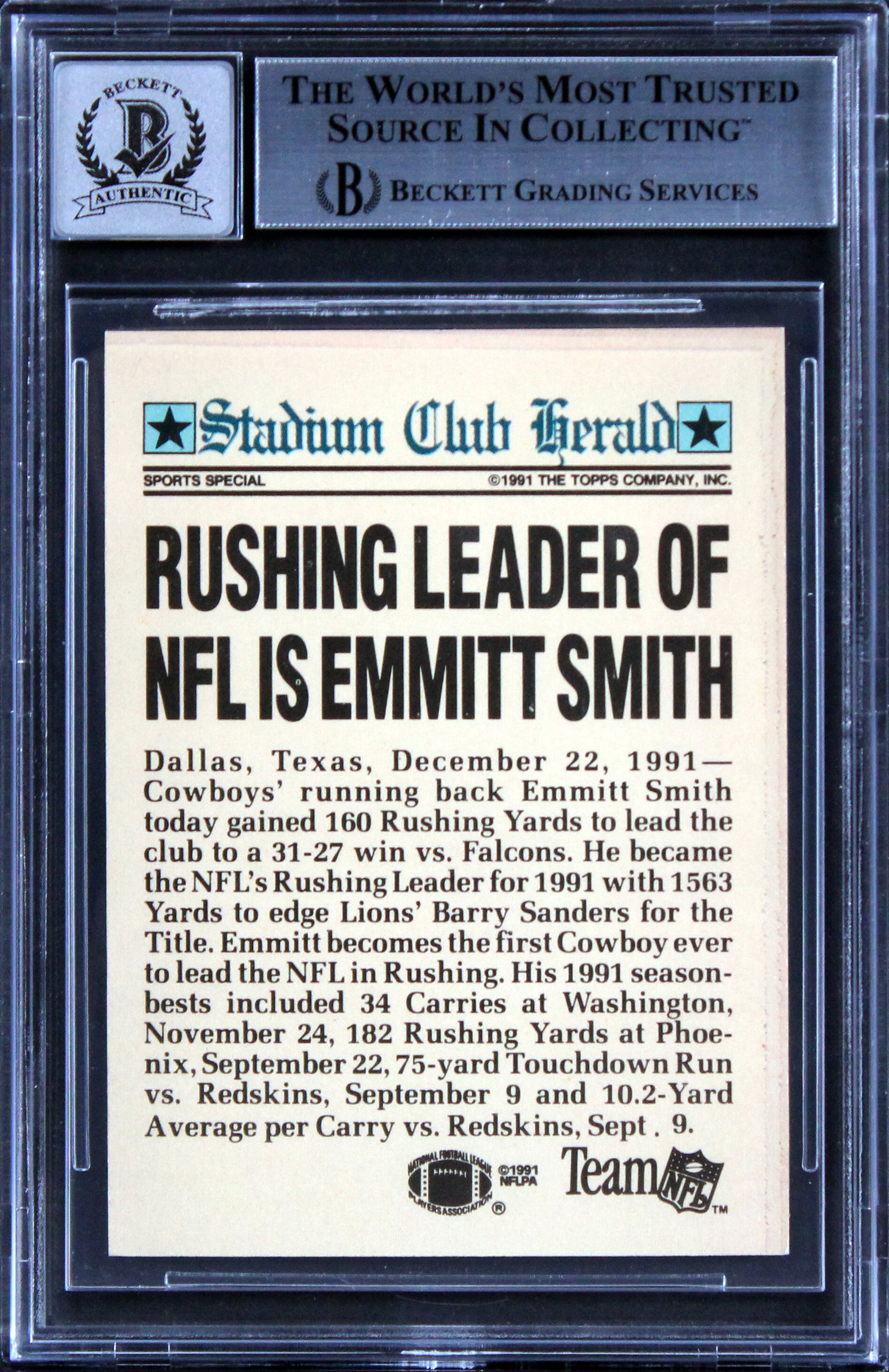 Emmitt Smith Signed 1991 Stadium Club Members Only #36 Card Auto 10! BAS Slabbed