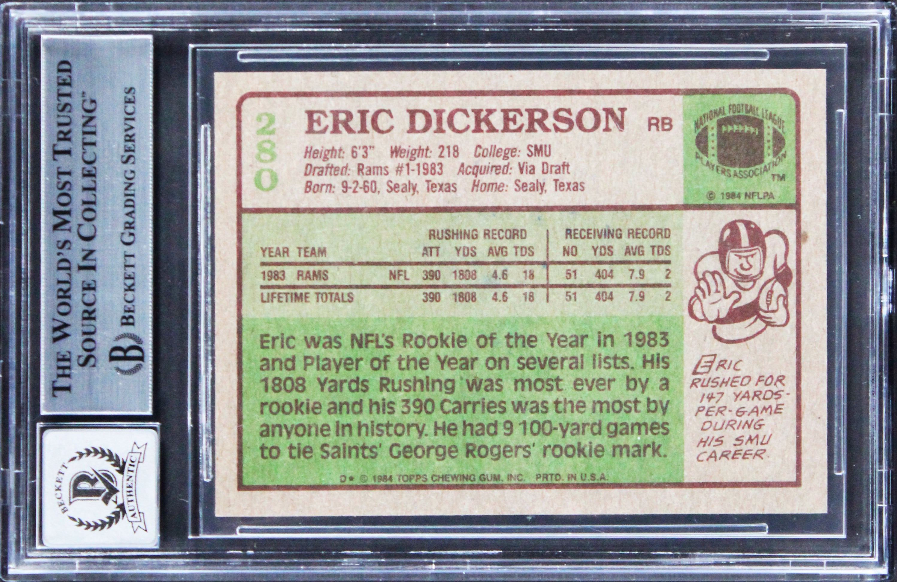 Rams Eric Dickerson "2x Insc" Signed 1984 Topps #280 Card Auto 10! BAS Slabbed