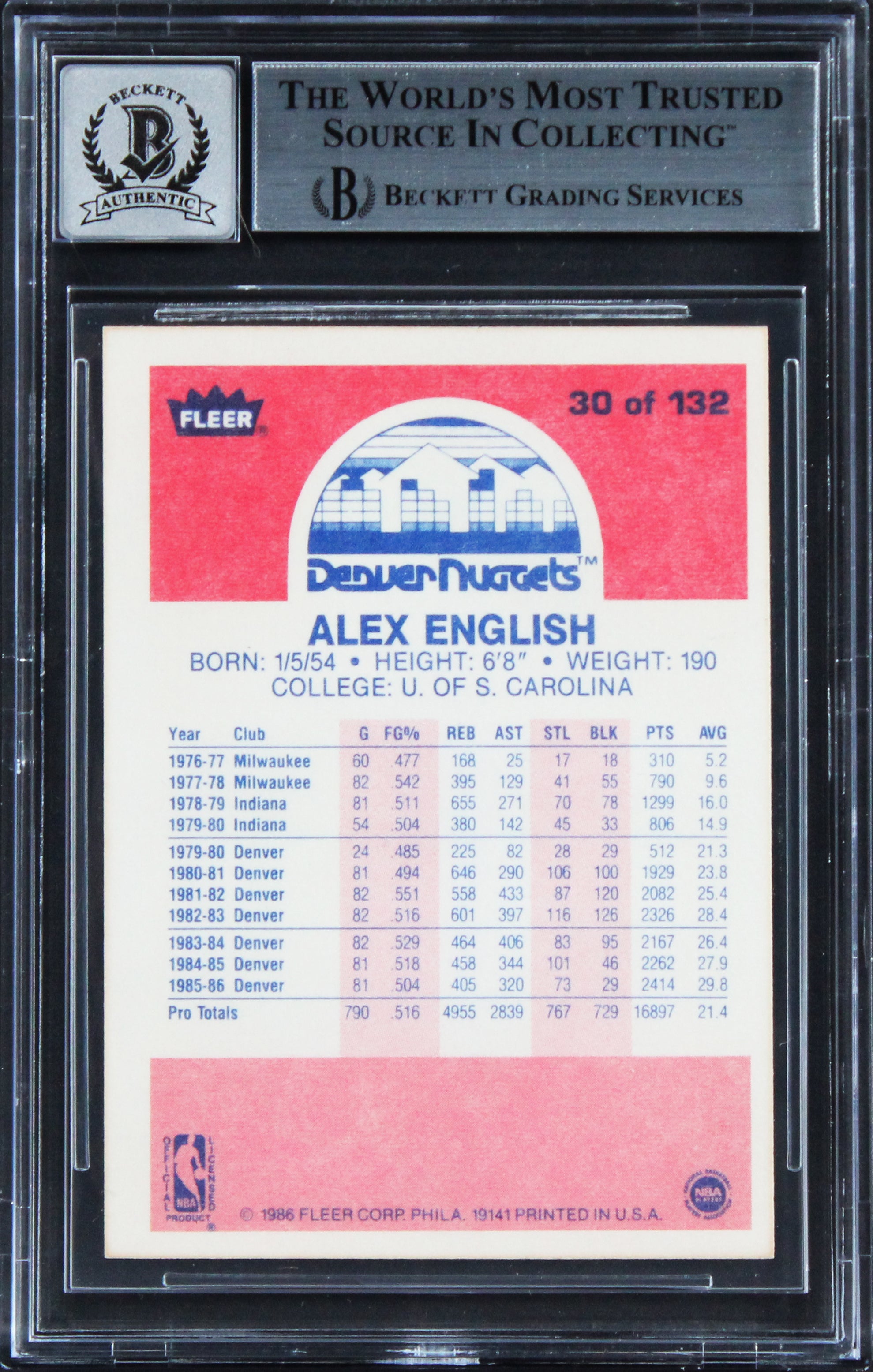 Nuggets Alex English "HOF 97" Signed 1986 Fleer #30 Card Auto GM 10! BAS Slabbed