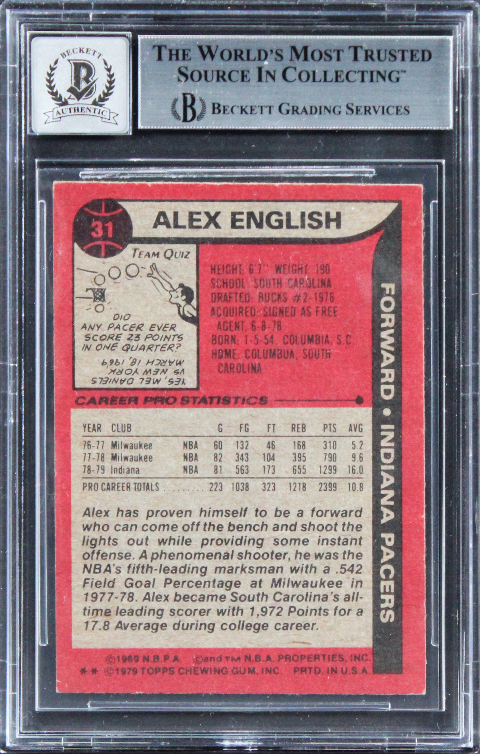 Pacers Alex English "HOF 97" Signed 1979 Topps #31 Card Auto GM 10! BAS Slabbed