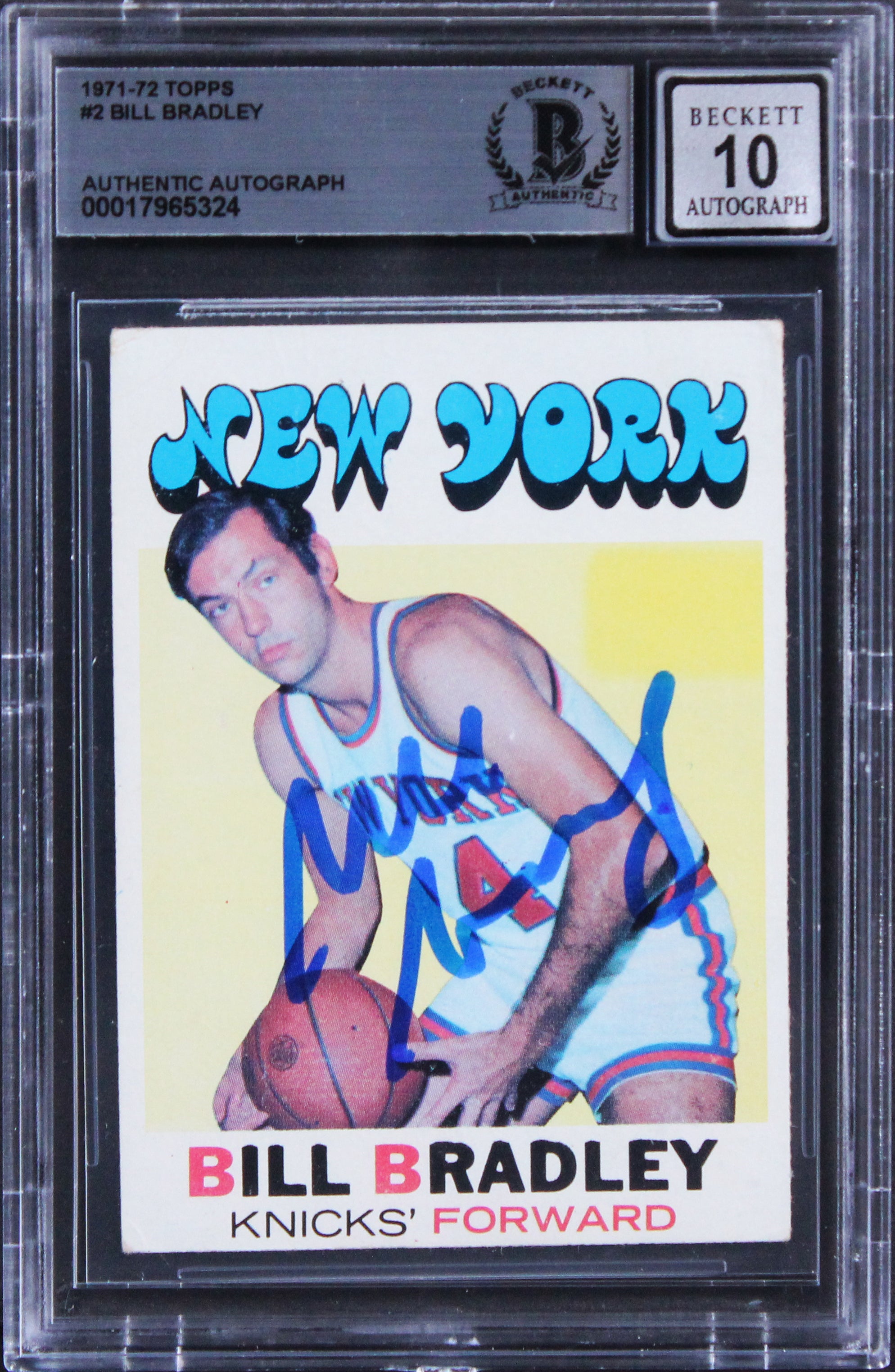 Knicks Bill Bradley Signed 1971 Topps #2 Card Auto Graded Gem 10! BAS Slabbed