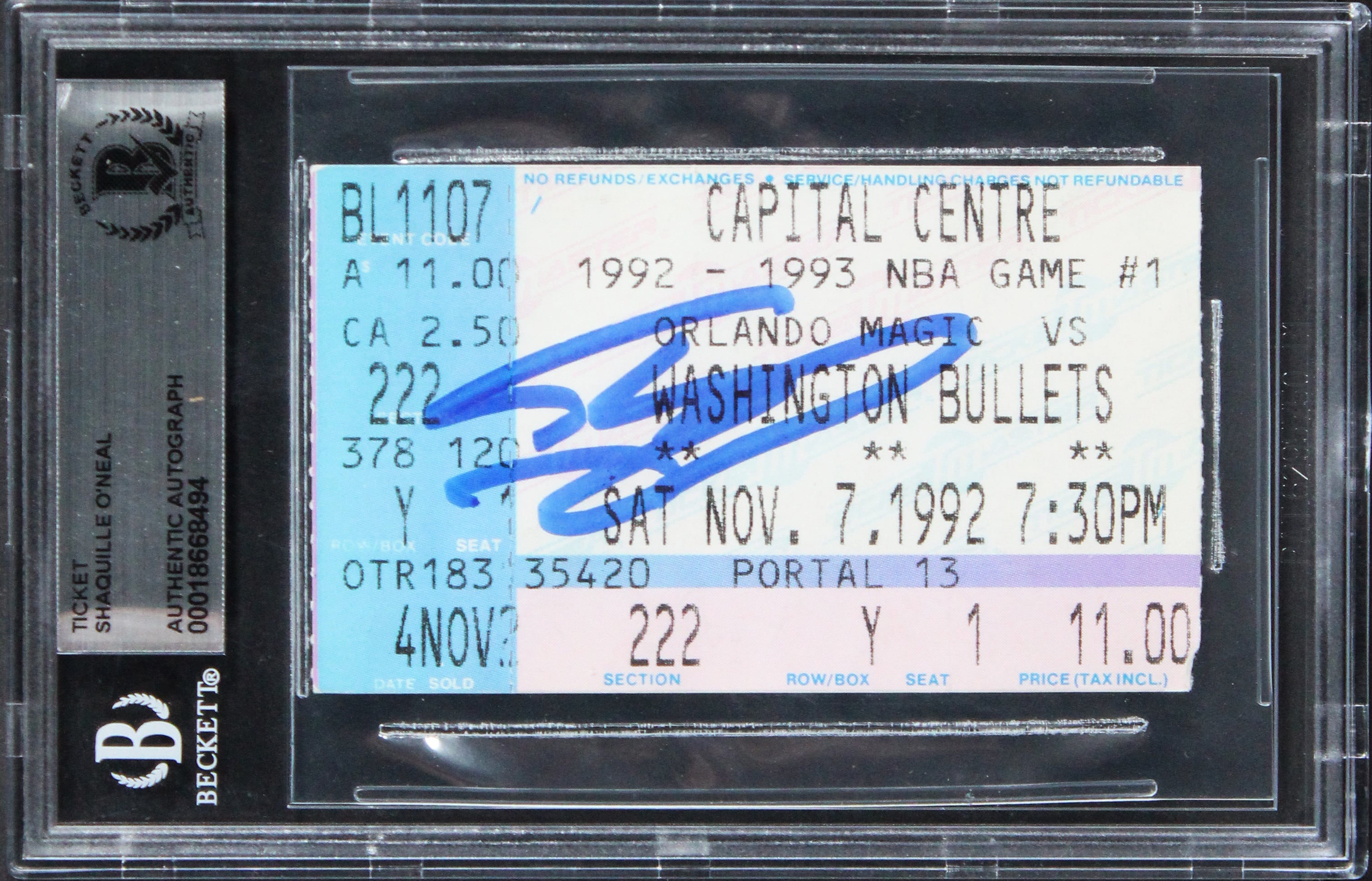 Magic Shaquille O'Neal Signed 1992 Magic VS Bullets Ticket Stub BAS Slabbed