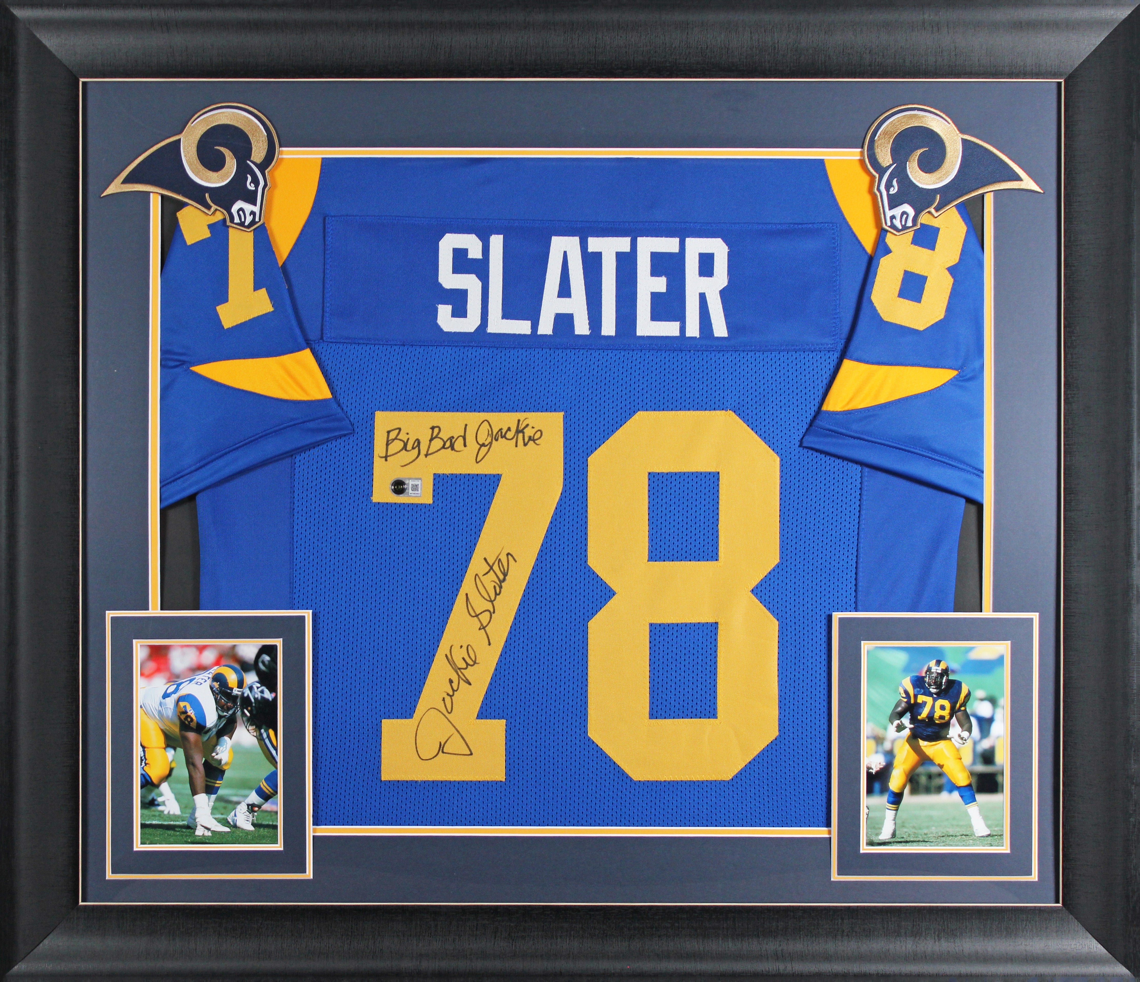 Jackie Slater "Big Bad Jackie" Signed Blue TB Pro Style Framed Jersey BAS Wit