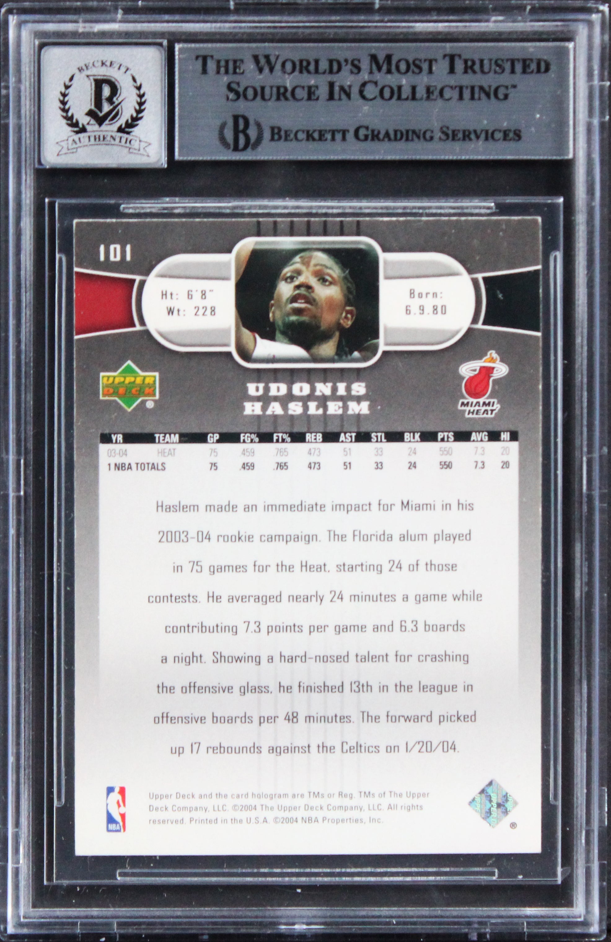 Heat Udonis Haslem Signed 2004 Upper Deck #101 Card Auto Graded 10! BAS Slabbed