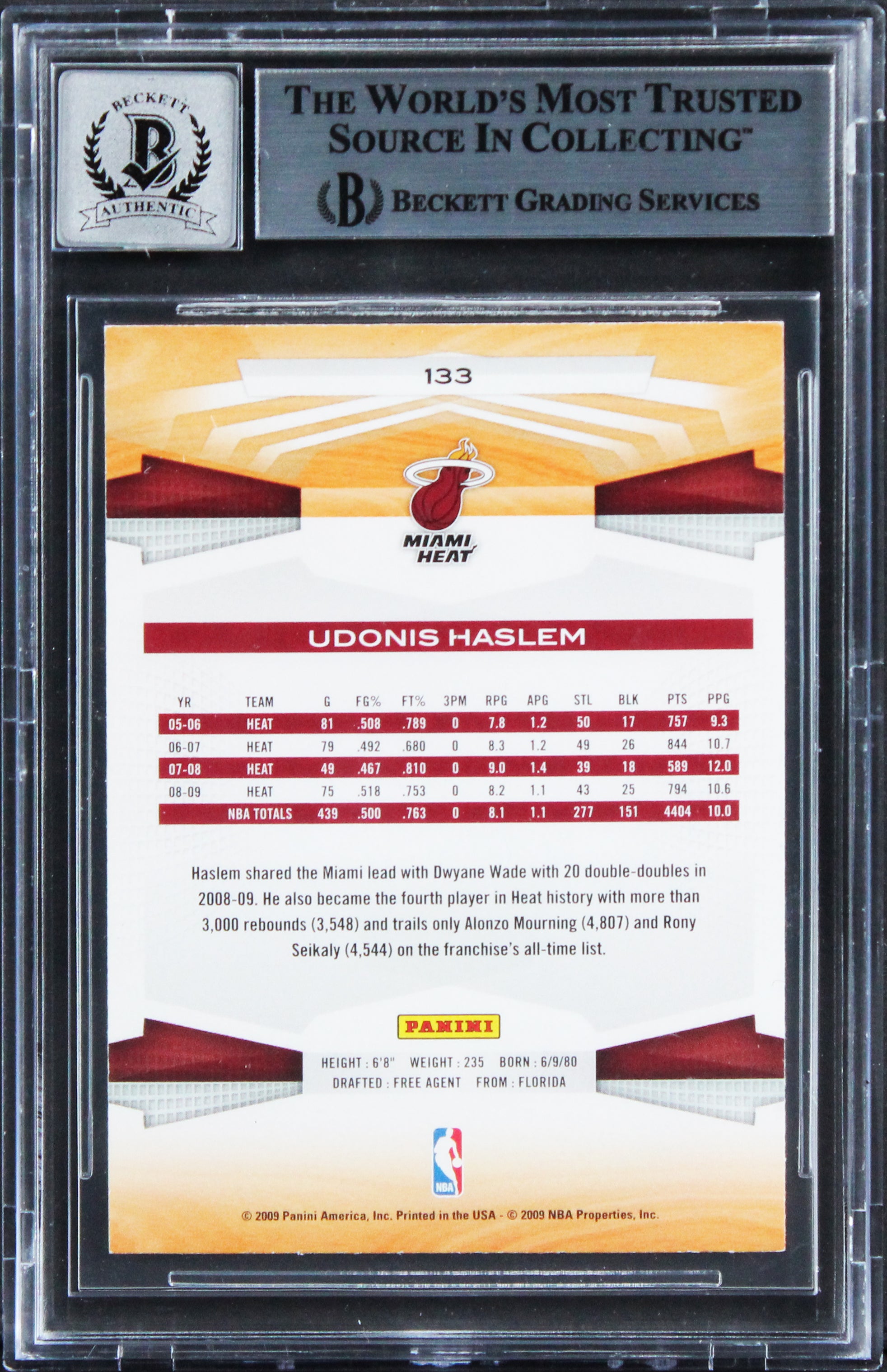 Heat Udonis Haslem Signed 2009 Panini #133 Card Auto Graded 10! BAS Slabbed