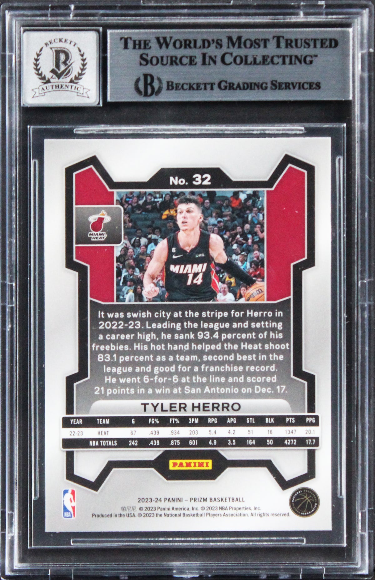 Heat Tyler Herro Signed 2023 Panini Prizm #32 Card Auto Graded 10! BAS Slabbed