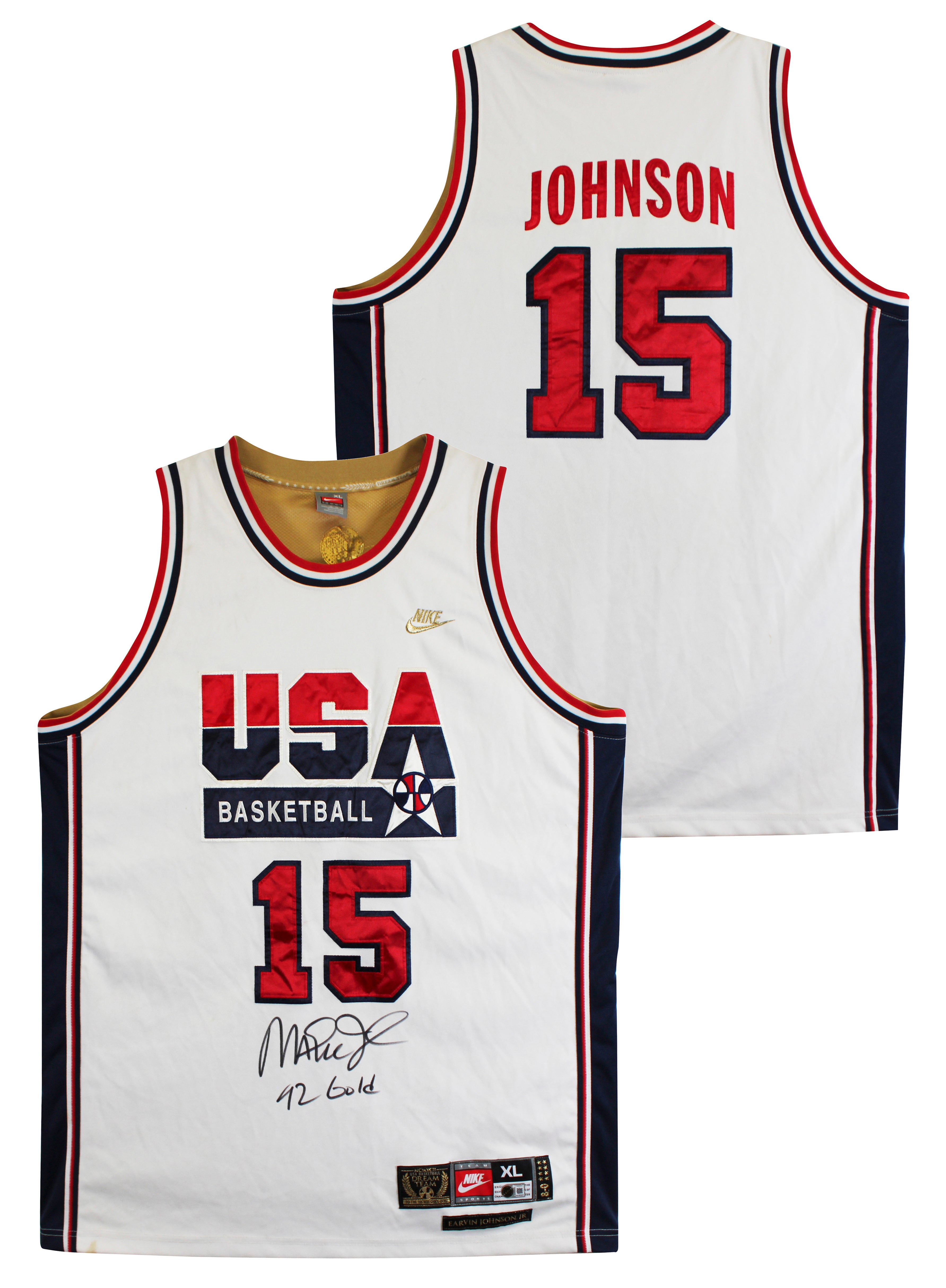 Magic Johnson "92 Gold" Signed White Nike Team USA Jersey BAS Witness #5W006546