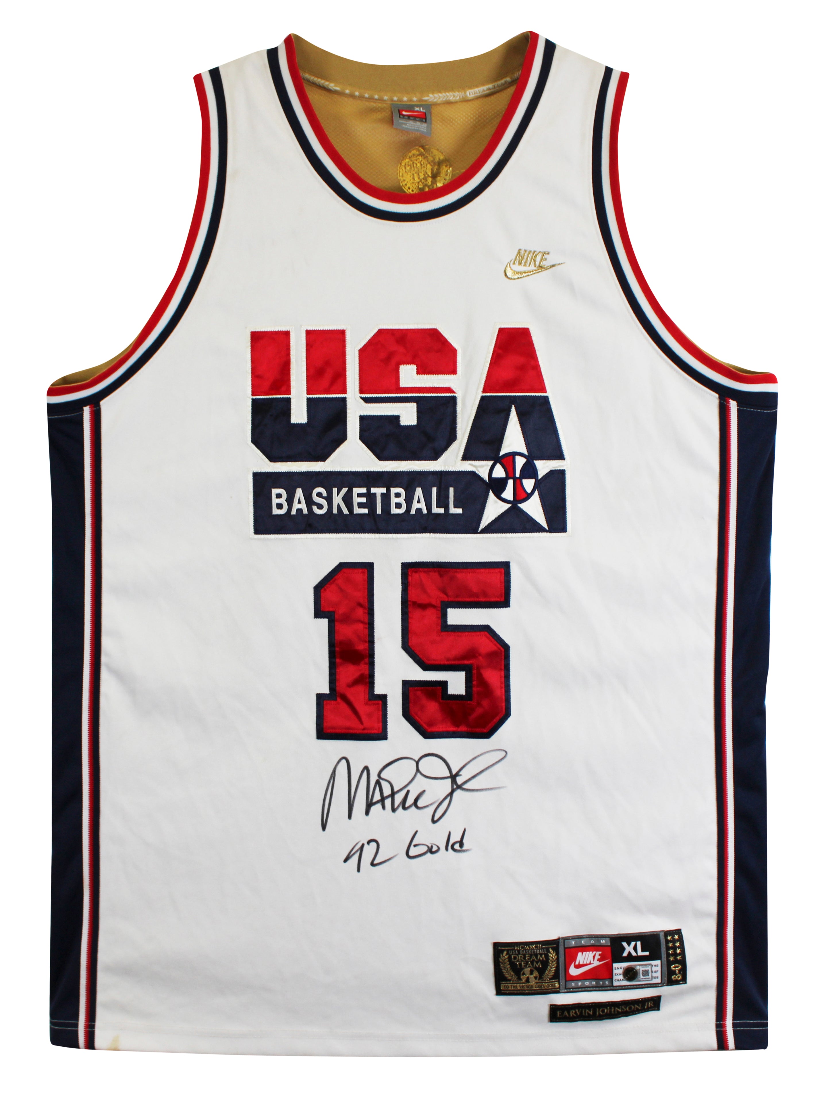 Magic Johnson "92 Gold" Signed White Nike Team USA Jersey BAS Witness #5W006546