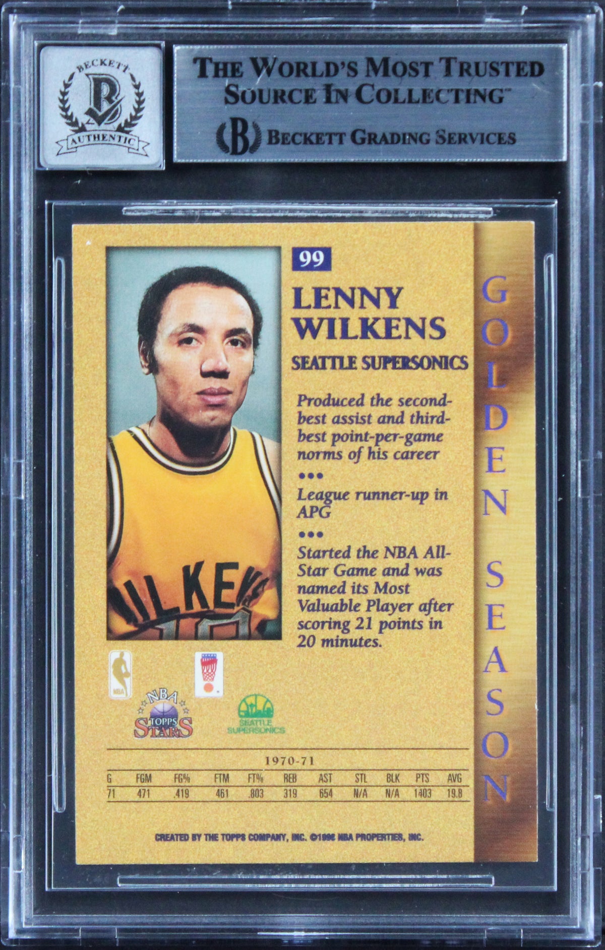Sonics Lenny Wilkens "HOF" Signed 1996 Topps Stars #99 Card Auto 10! BAS Slab