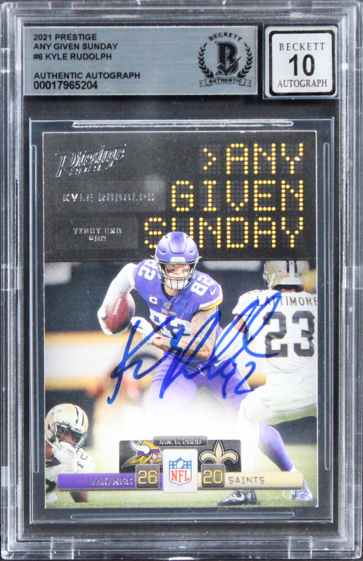 Vikings Kyle Rudolph Signed 2021 Prestige AGS #6 Card Auto Grade 10! BAS Slabbed