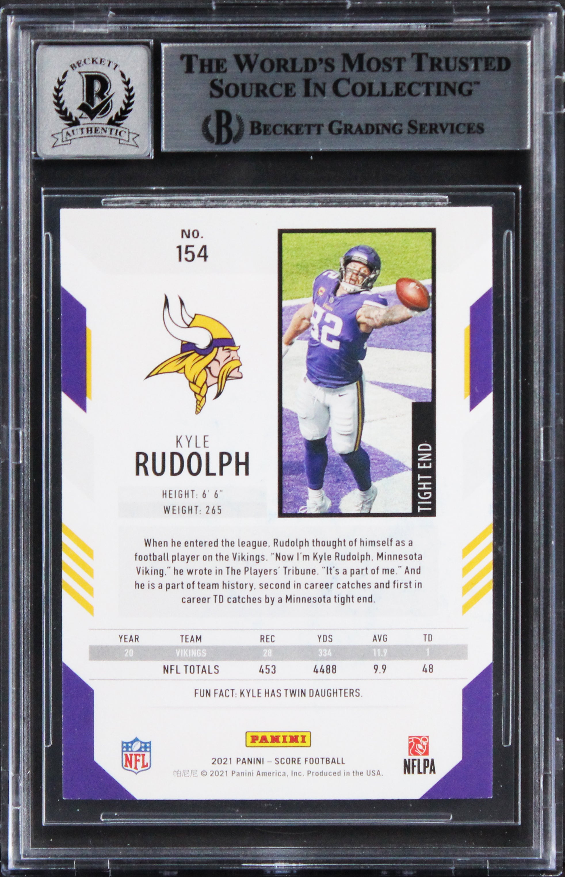 Vikings Kyle Rudolph Signed 2021 Score #154 Card Auto Graded 10! BAS Slabbed