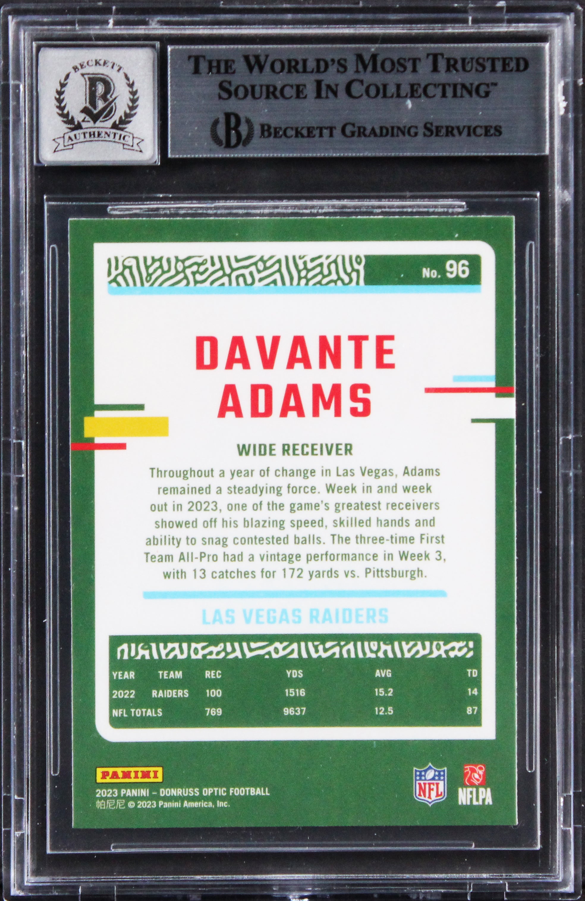 Raiders Davante Adams Signed 2023 Donruss Optic #96 Card Auto 10! BAS Slabbed