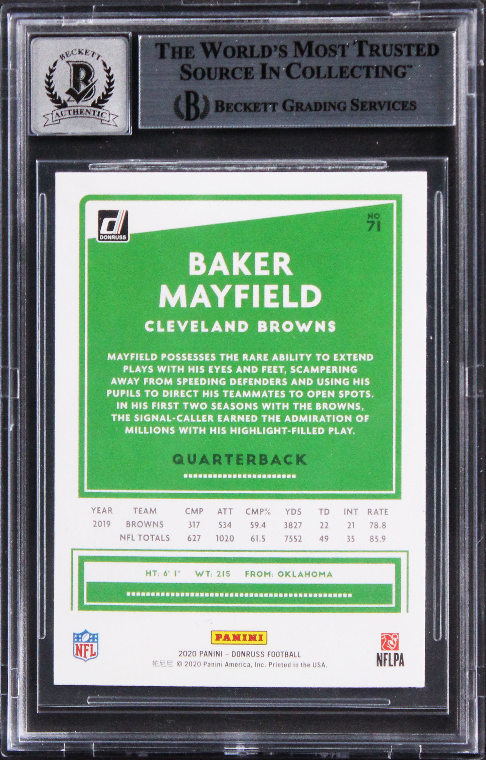 Browns Baker Mayfield Signed 2020 Donruss #71A Card Auto Graded 10! BAS Slabbed