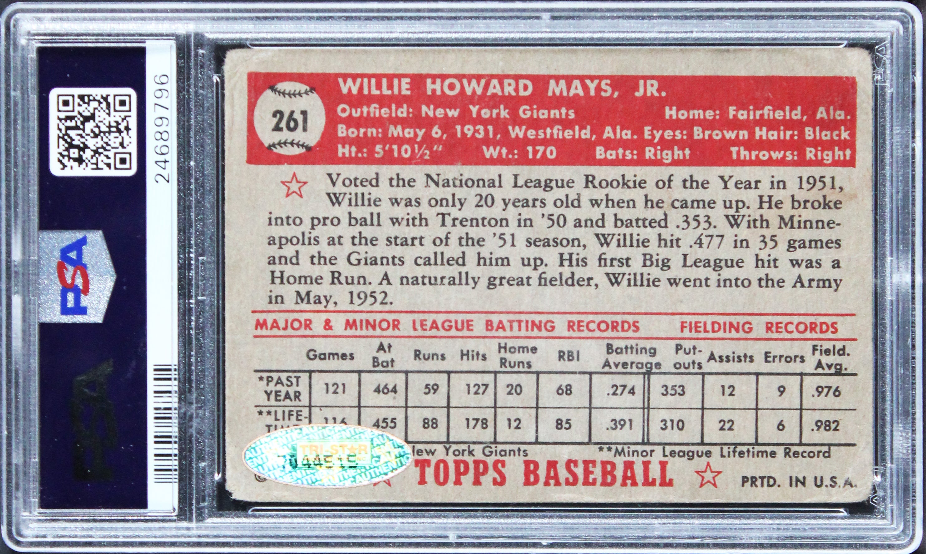 Giants Willie Mays Signed 1952 Topps #261 Card Card 1 Auto 10! PSA/DNA Slabbed