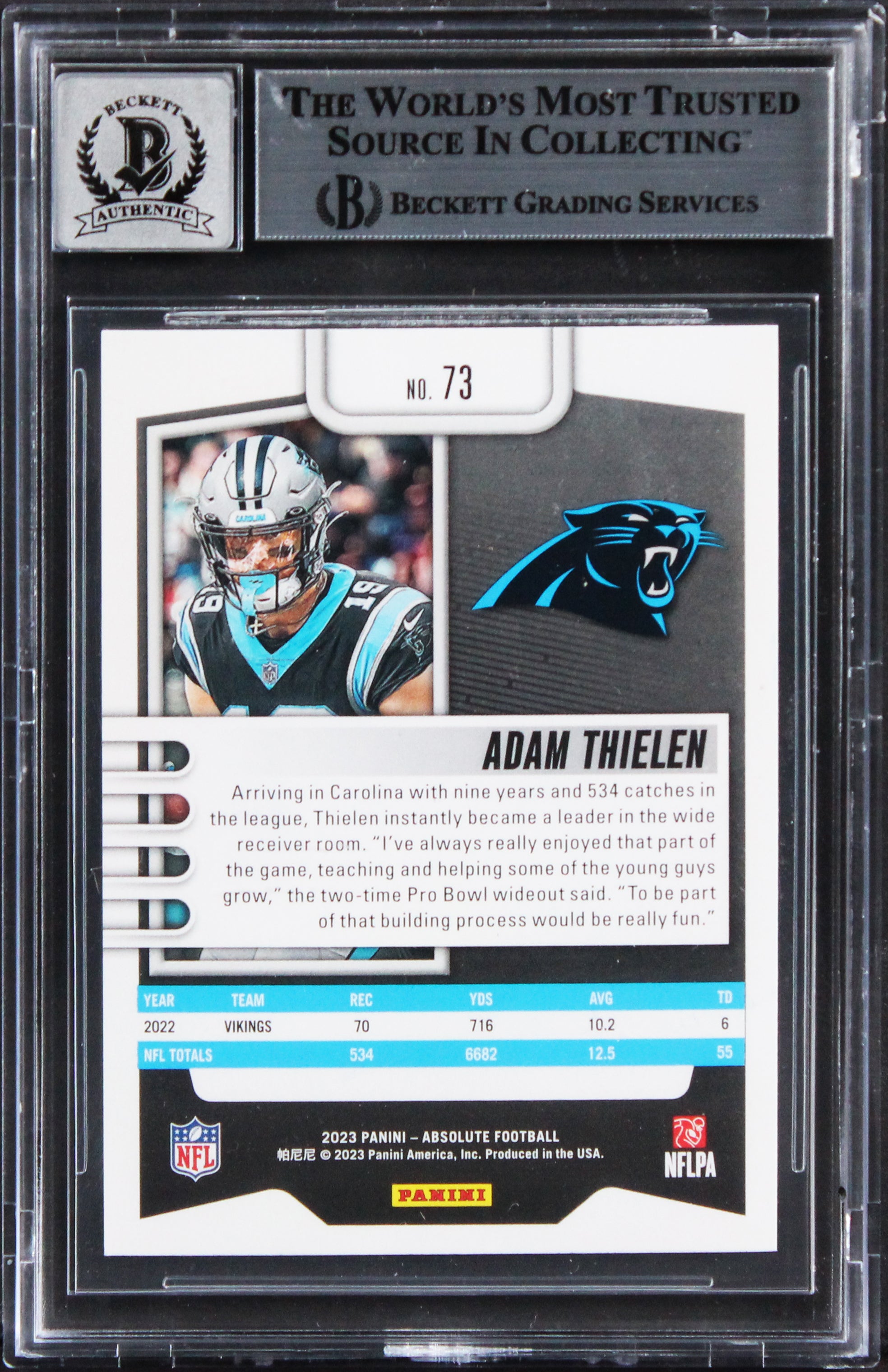Panthers Adam Thielen Signed 2023 Absolute #73 Card Auto Graded 10! BAS Slabbed