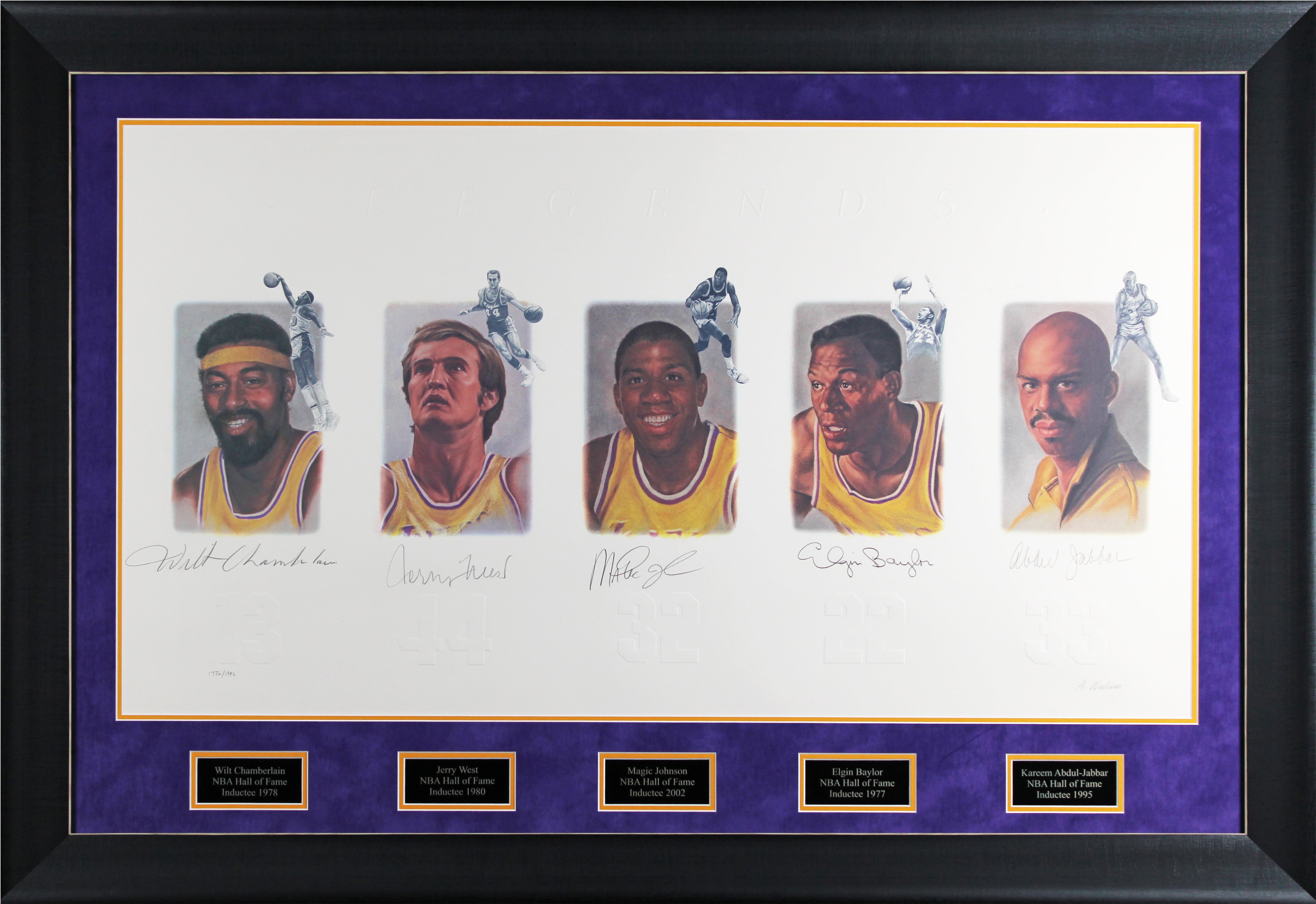 Lakers Legends (5) Chamberlain Jabbar Johnson Signed & Framed 22x39 Litho JSA