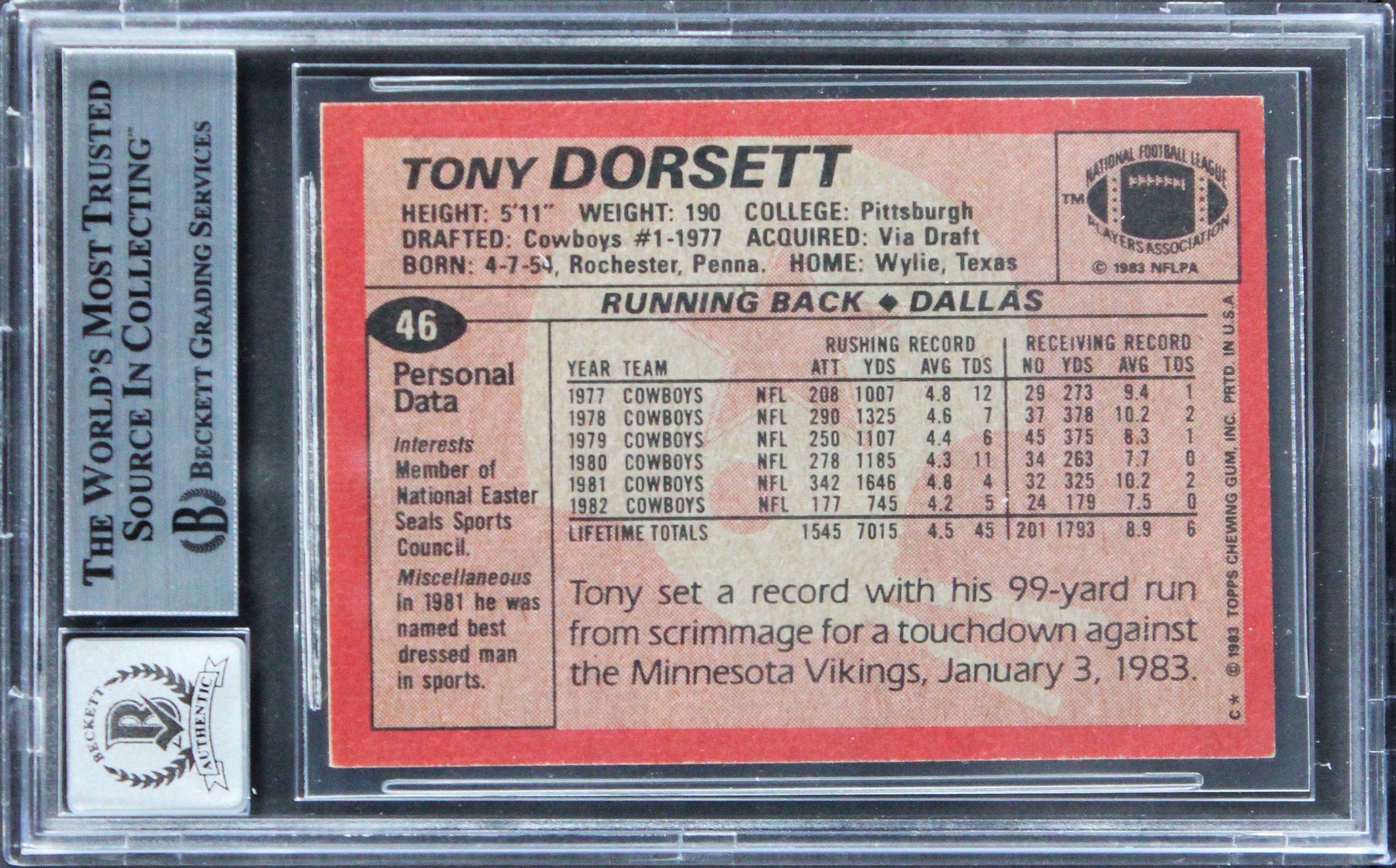 Cowboys Tony Dorsett "HOF" Signed 1983 Topps #46 Card Auto Grade 10! BAS Slabbed