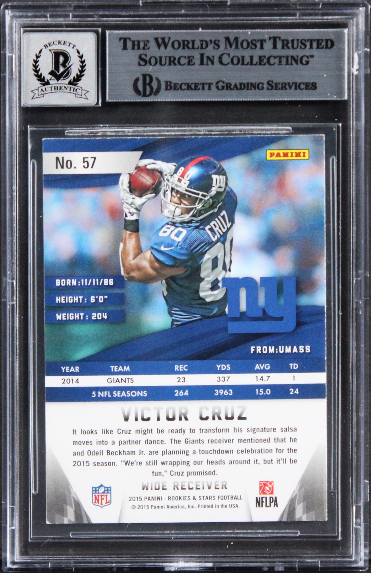 Giants Victor Cruz Signed 2015 Rookies & Stars #57 Card Auto 10! BAS Slabbed