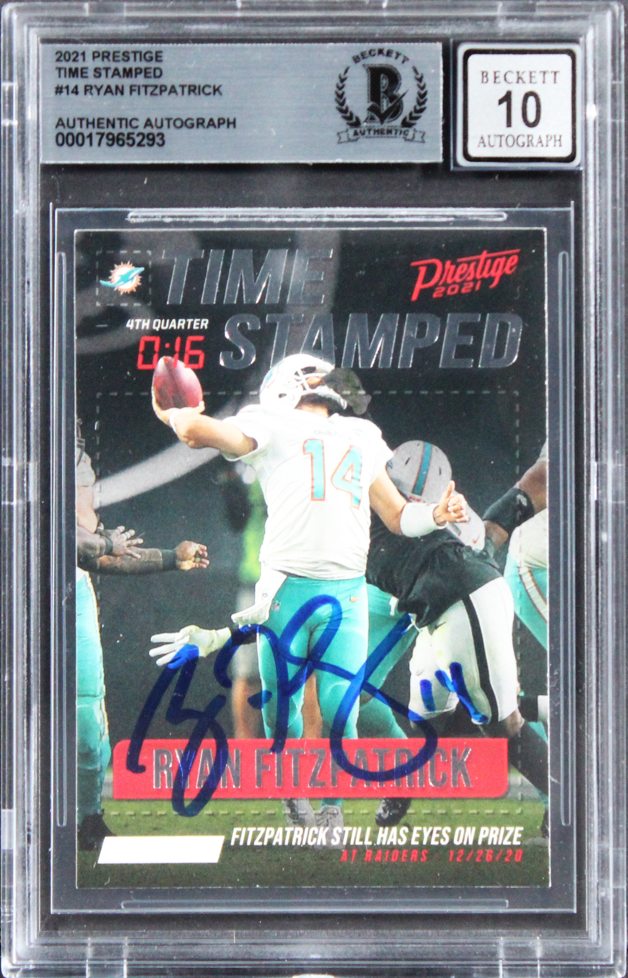 Dolphins Ryan Fitzpatrick Signed 2021 Prestige TS #14 Card Auto 10! BAS Slabbed