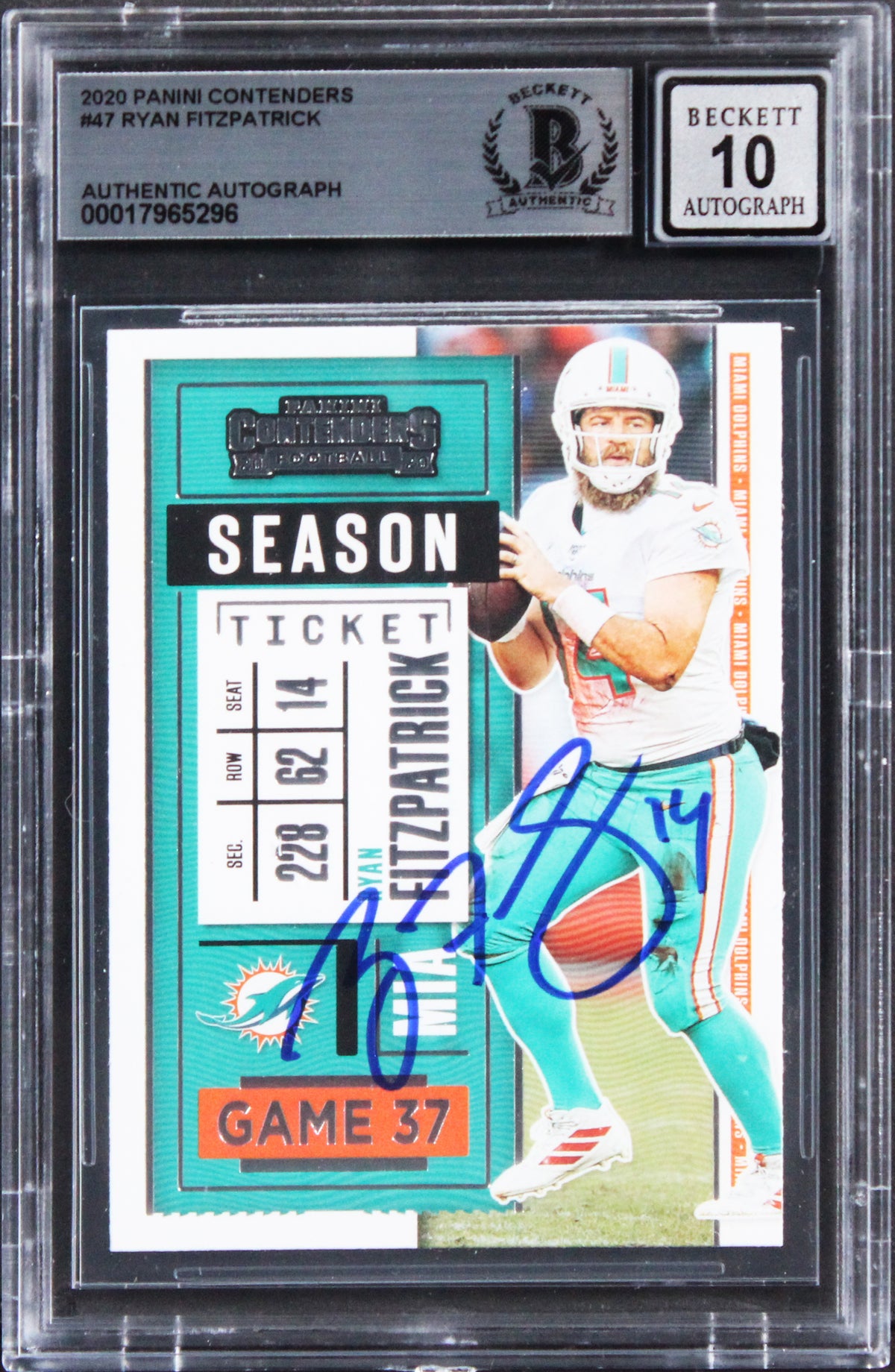 Dolphins Ryan Fitzpatrick Signed 2020 Panini Contend #47 Card Auto 10! BAS Slab