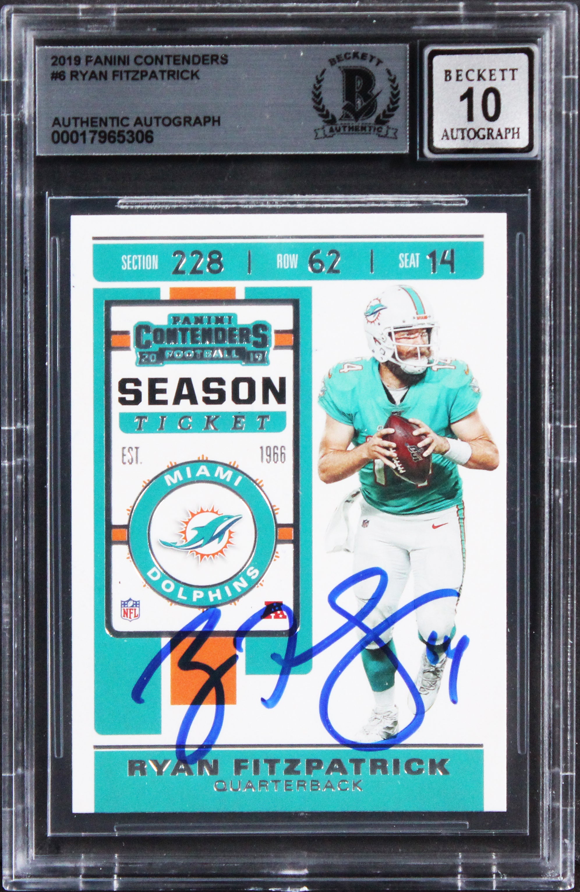 Dolphins Ryan Fitzpatrick Signed 2019 Panini Contender #6 Card Auto 10! BAS Slab