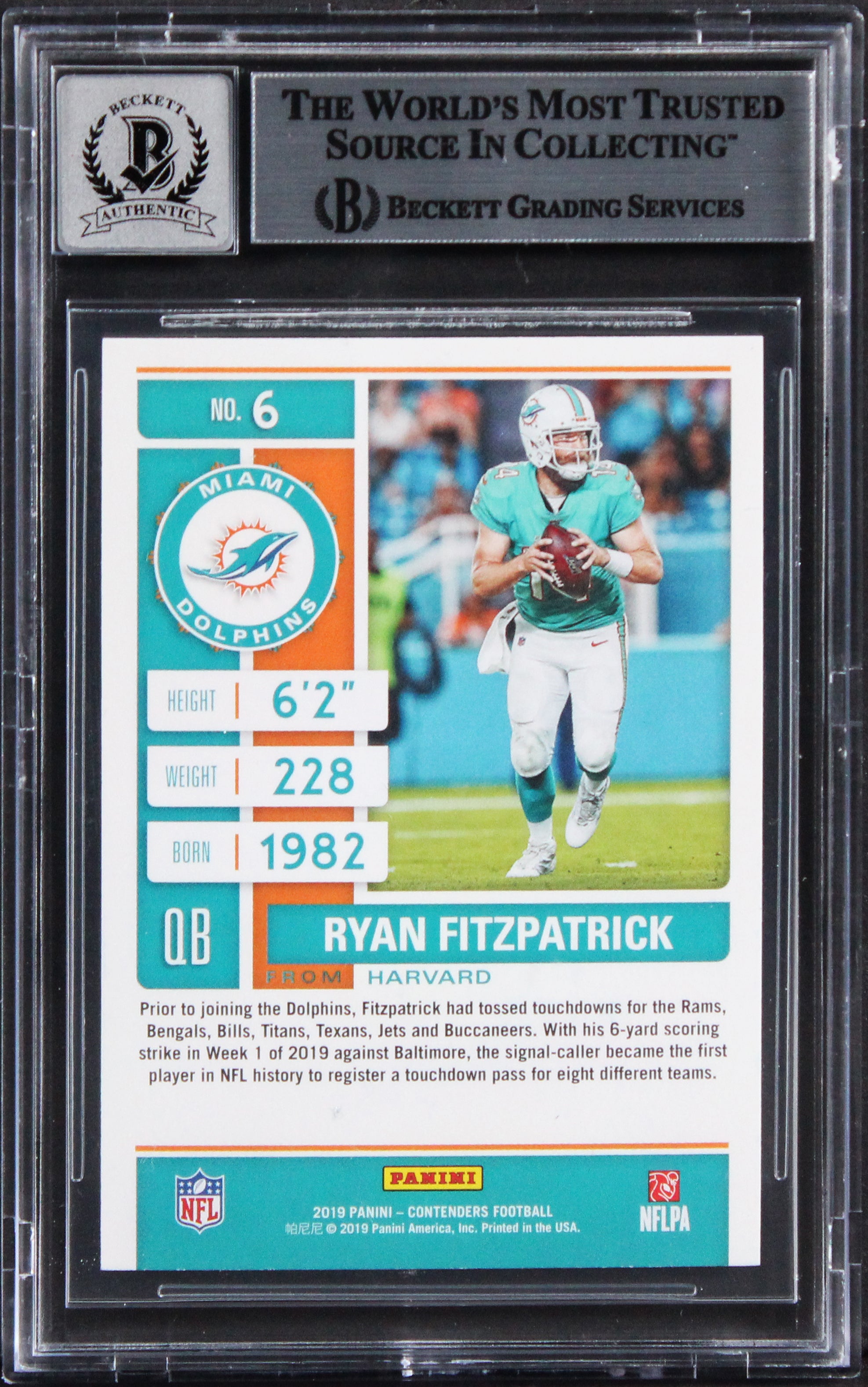 Dolphins Ryan Fitzpatrick Signed 2019 Panini Contender #6 Card Auto 10! BAS Slab