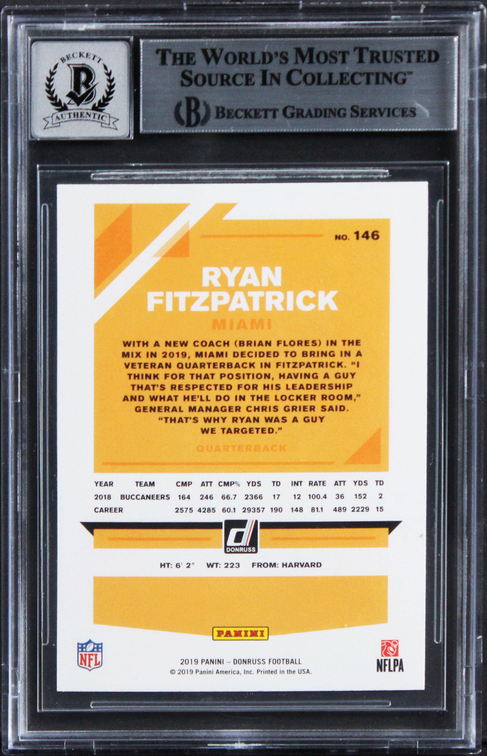 Dolphins Ryan Fitzpatrick Signed 2019 Donruss #146 Card Auto 10! BAS Slabbed
