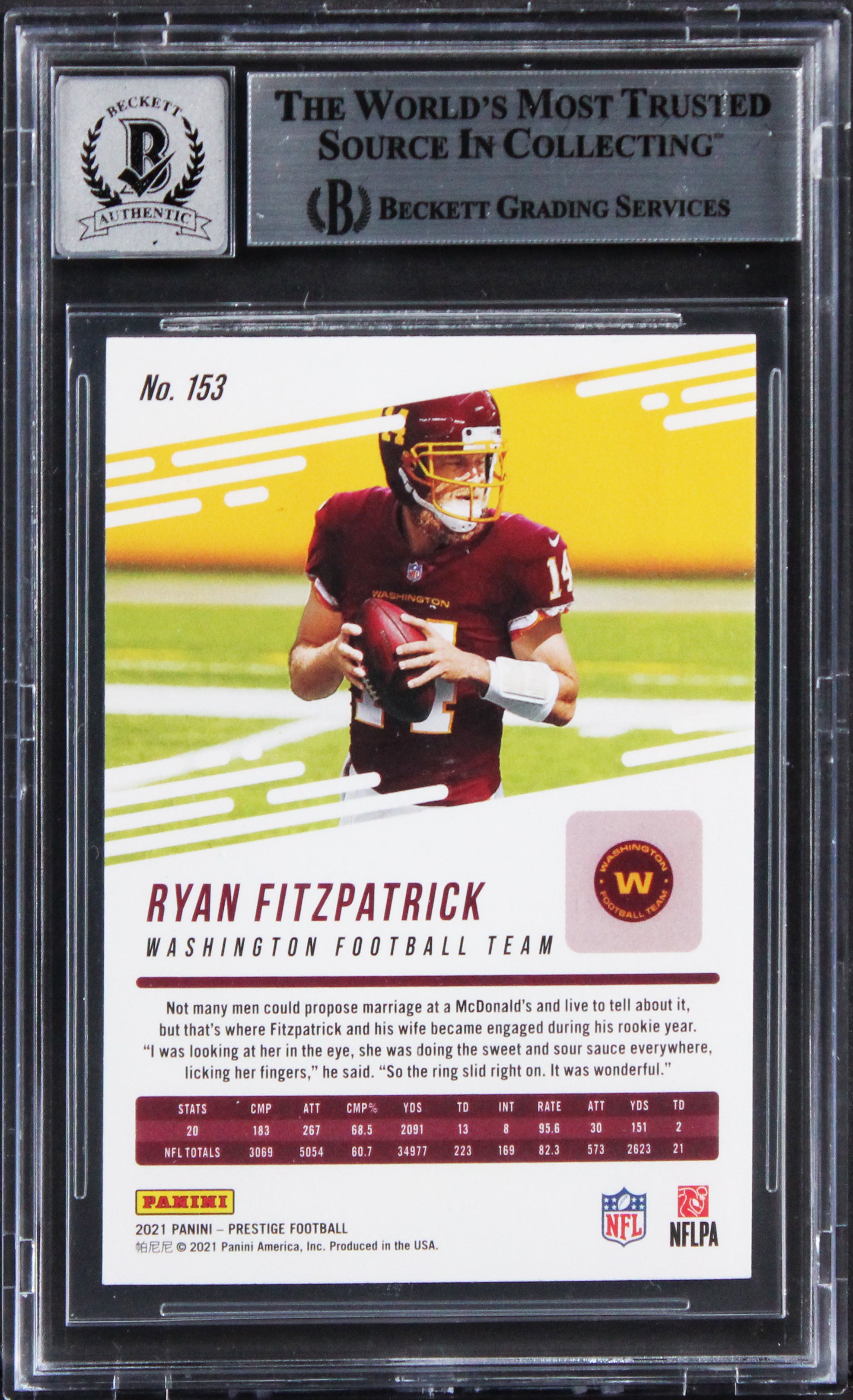 Commanders Ryan Fitzpatrick Signed 2021 Prestige #153 Card Auto 10! BAS Slab 2