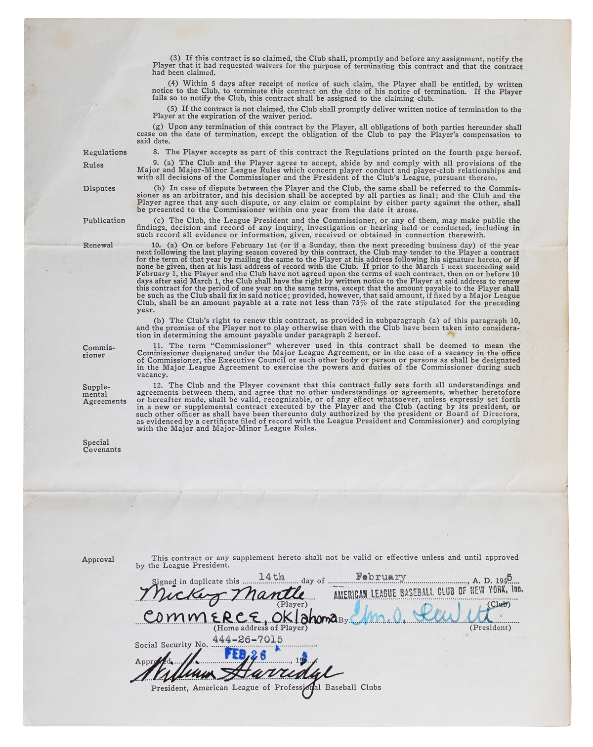 Yankees Mickey Mantle +2 Signed 8.5x11 1955 Player Contract PSA/DNA #AR05282