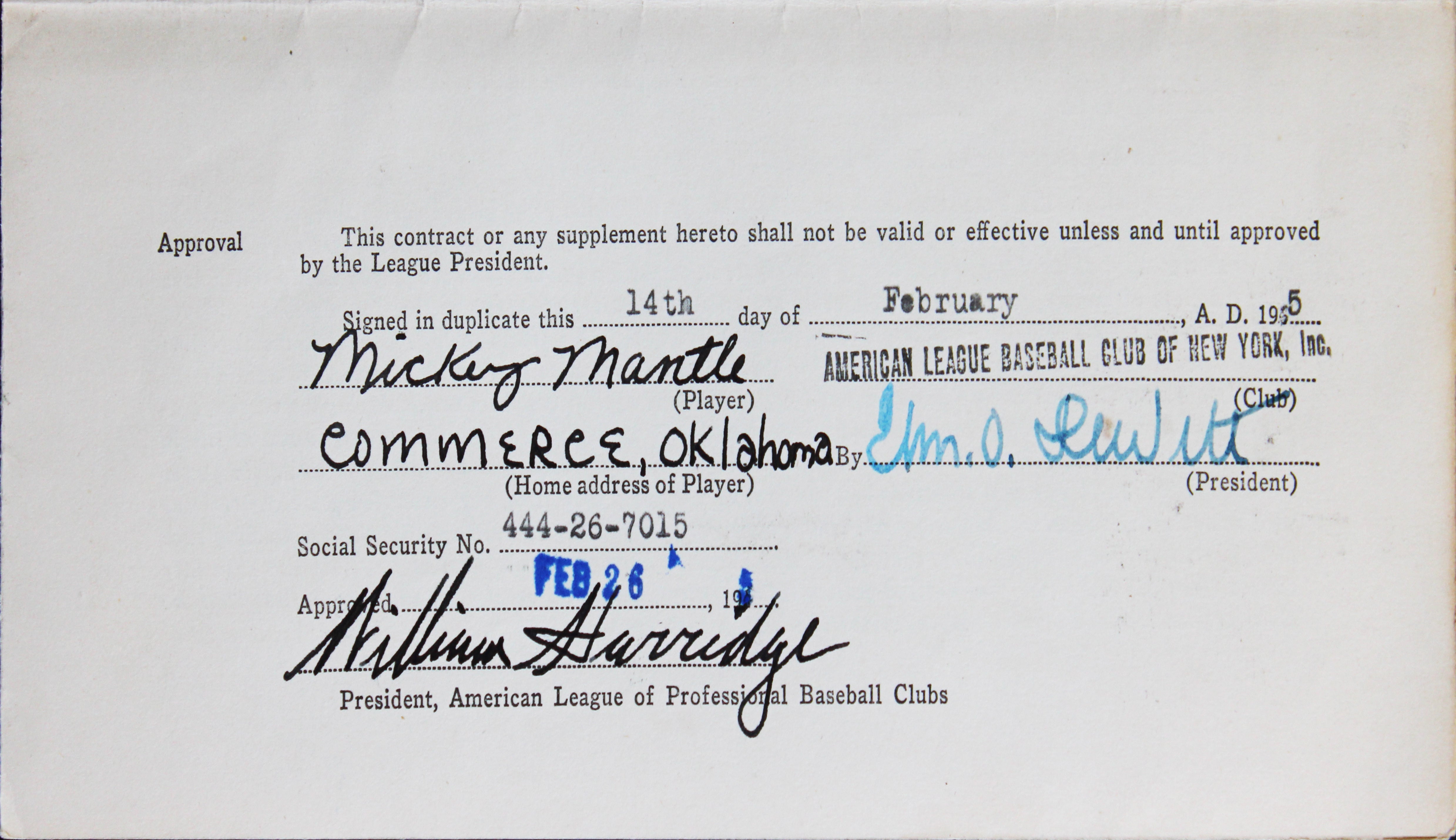 Yankees Mickey Mantle +2 Signed 8.5x11 1955 Player Contract PSA/DNA #AR05282