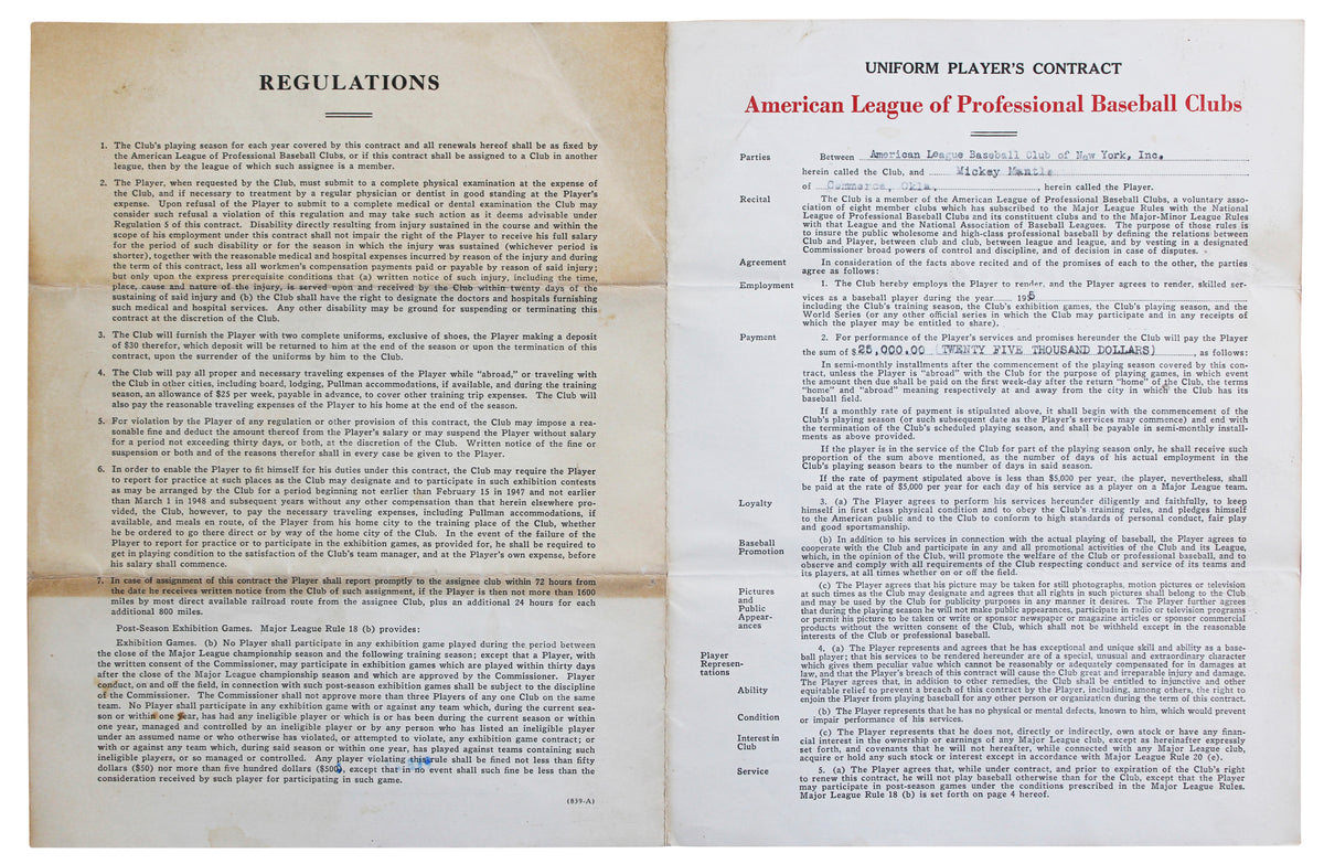 Yankees Mickey Mantle +2 Signed 8.5x11 1955 Player Contract PSA/DNA #AR05282