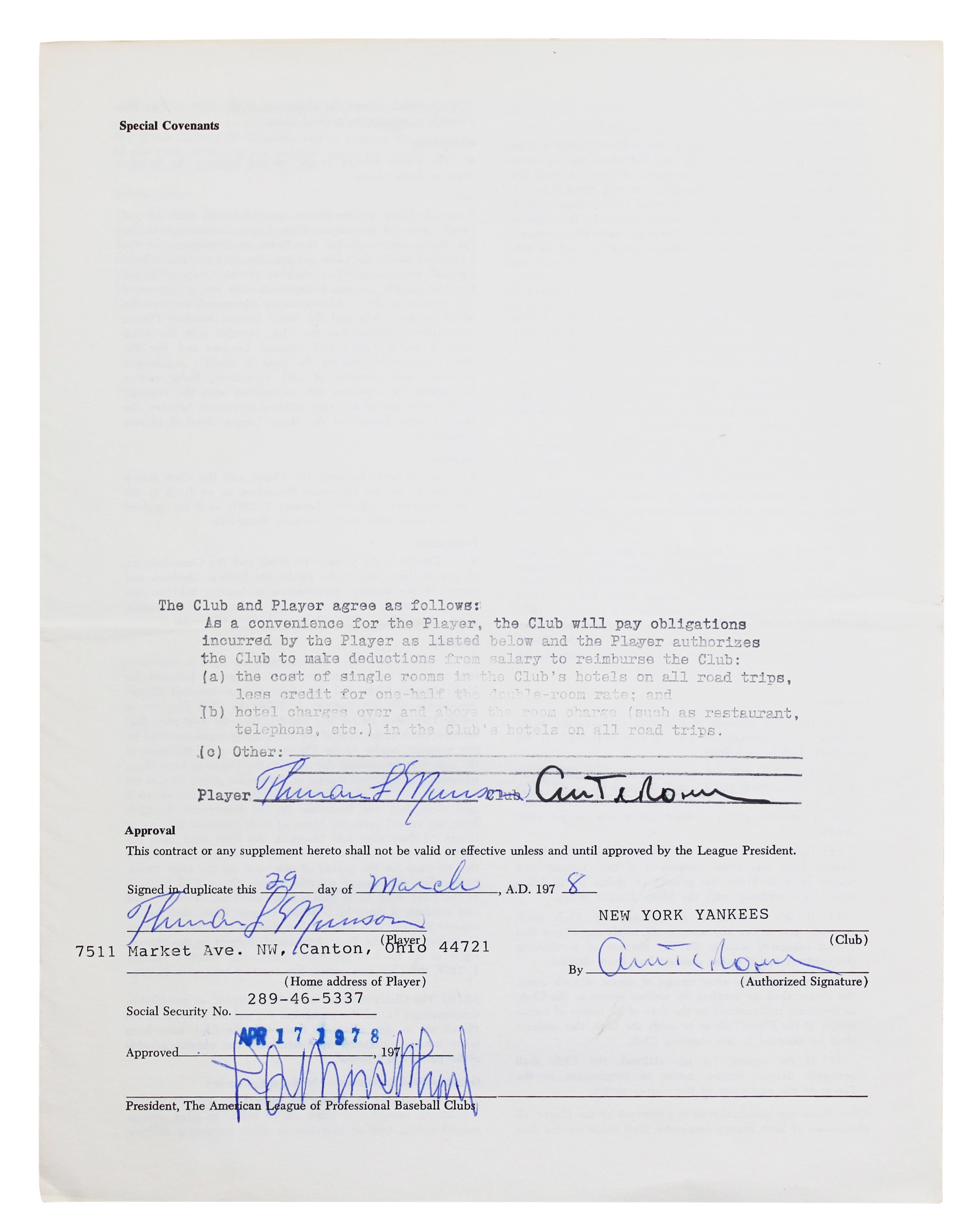 Yankees Thurman Munson Authentic Signed 8.5x11 1978 Player Contract PSA #AR05499