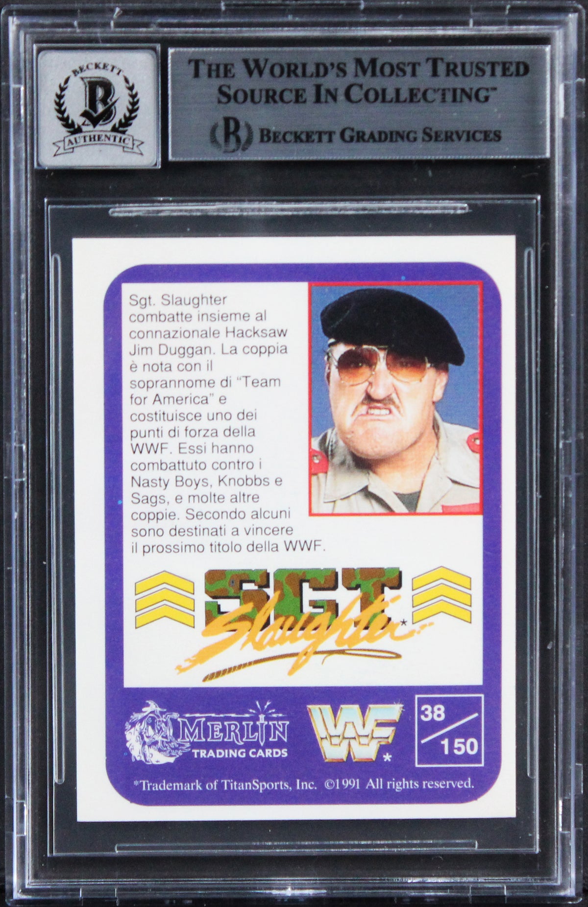 Sgt. Slaughter Signed 1991 Merlin WWF Italian #38 Card Auto 10! BAS Slabbed