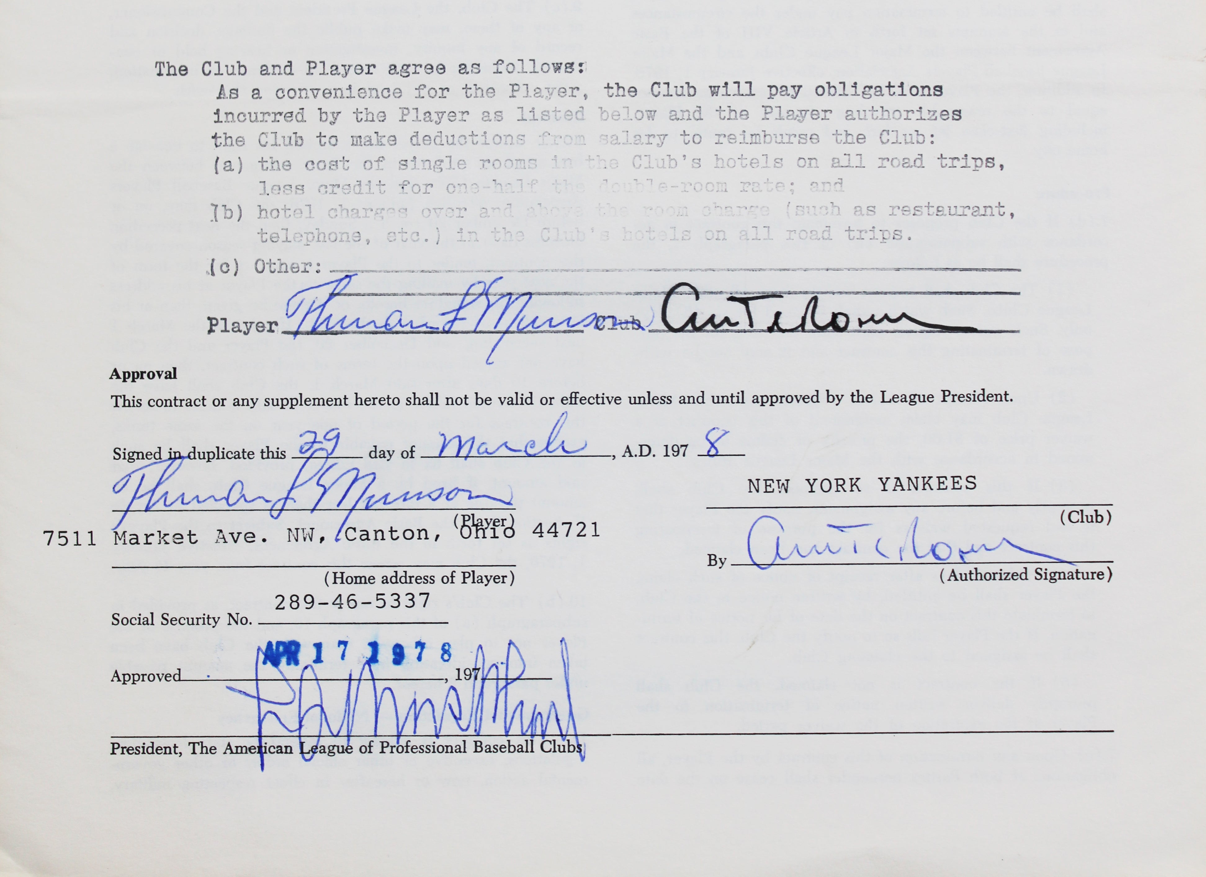 Yankees Thurman Munson Authentic Signed 8.5x11 1978 Player Contract PSA #AR05499