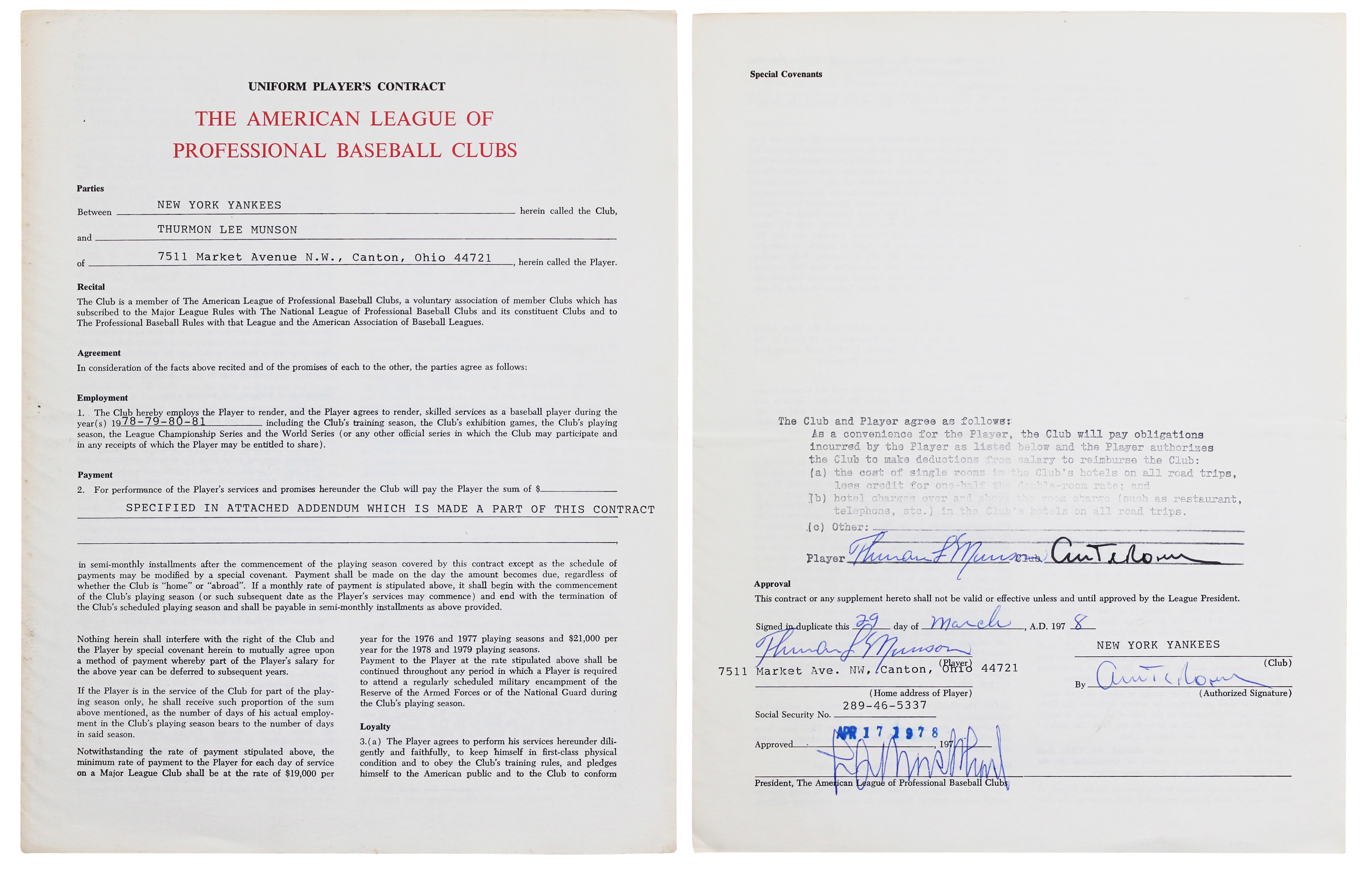 Yankees Thurman Munson Authentic Signed 8.5x11 1978 Player Contract PSA #AR05499