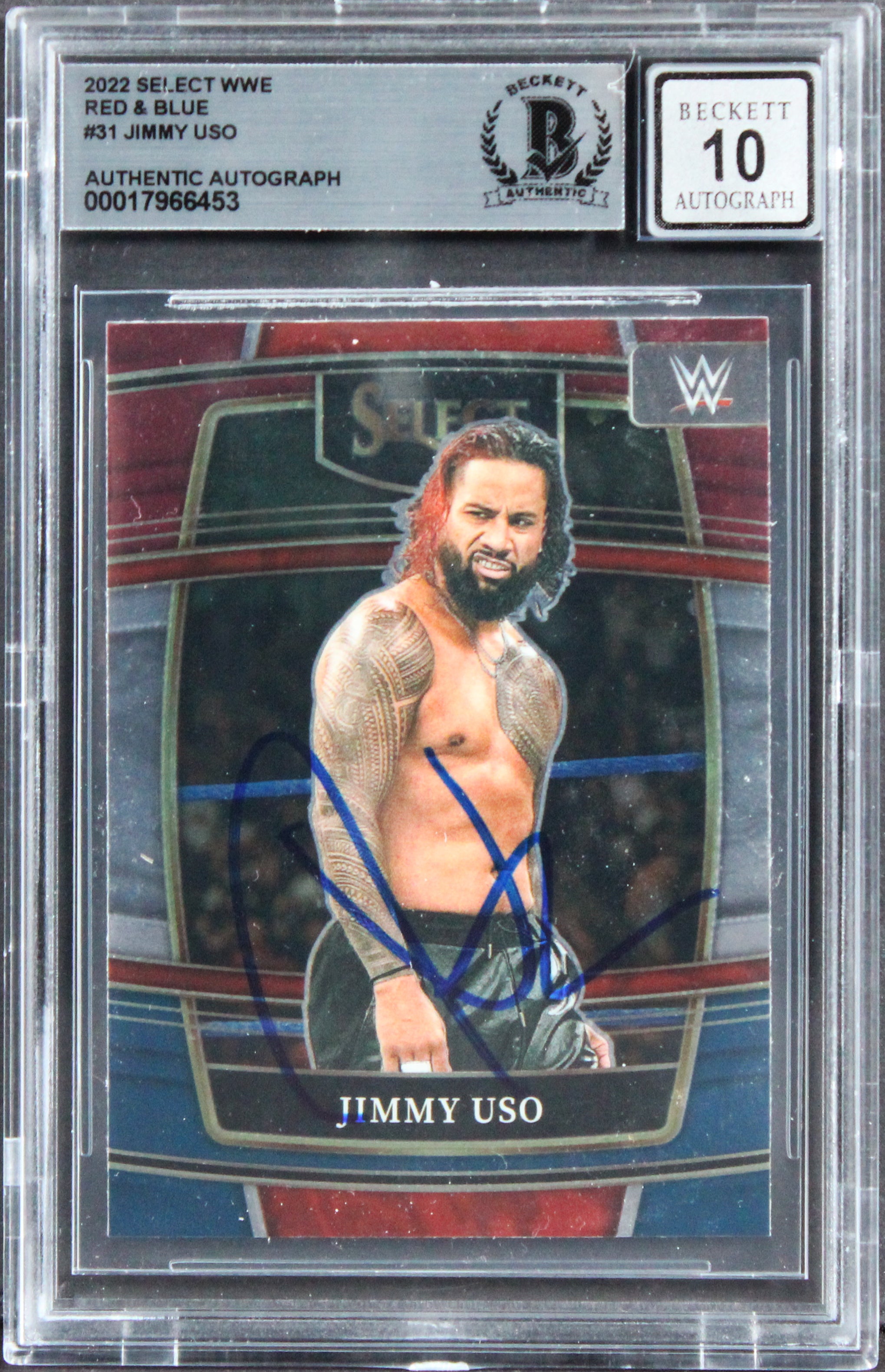 Jimmy Uso Signed 2022 Select WWE Red & Blue #31 Card Auto Graded 10! BAS Slabbed