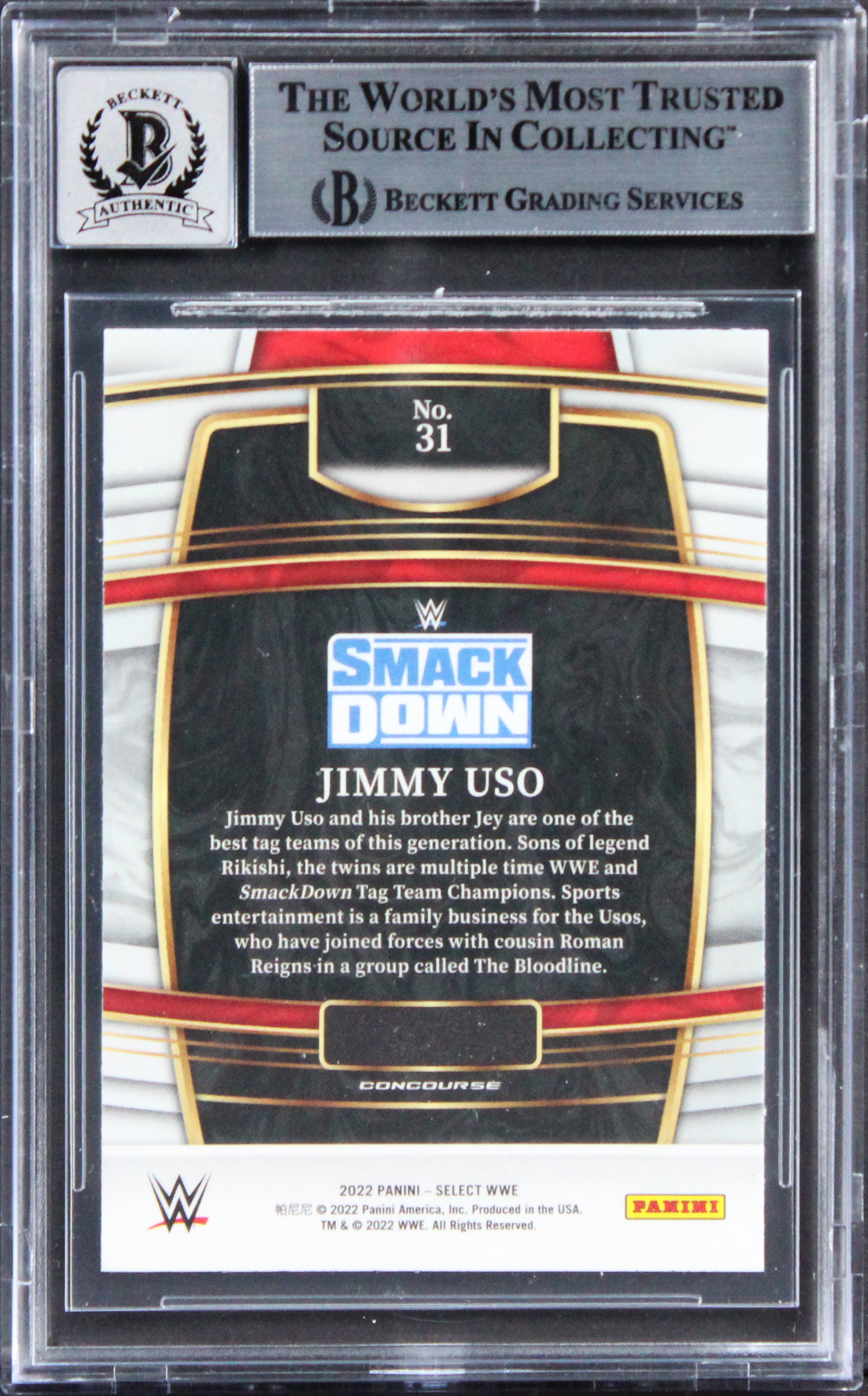 Jimmy Uso Signed 2022 Select WWE Red & Blue #31 Card Auto Graded 10! BAS Slabbed