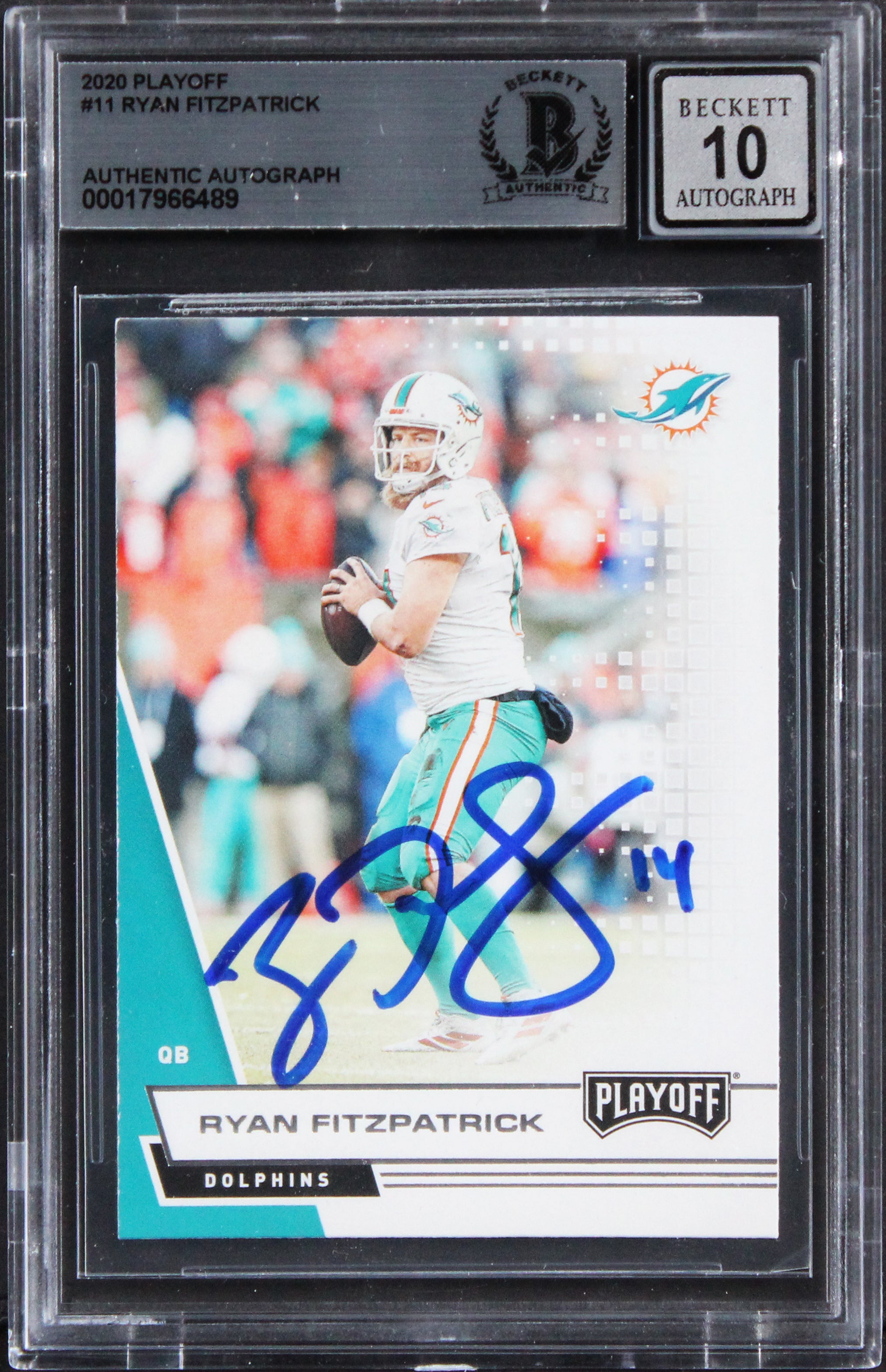 Dolphins Ryan Fitzpatrick Signed 2020 Playoff #11 Card Auto 10! BAS Slabbed