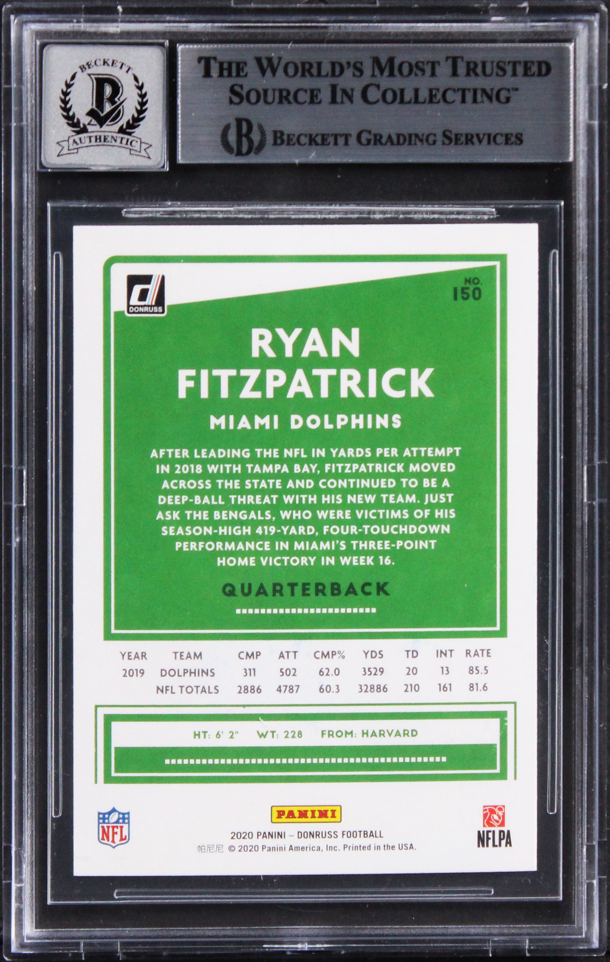 Dolphins Ryan Fitzpatrick Signed 2020 Donruss #150 Card Auto 10! BAS Slabbed