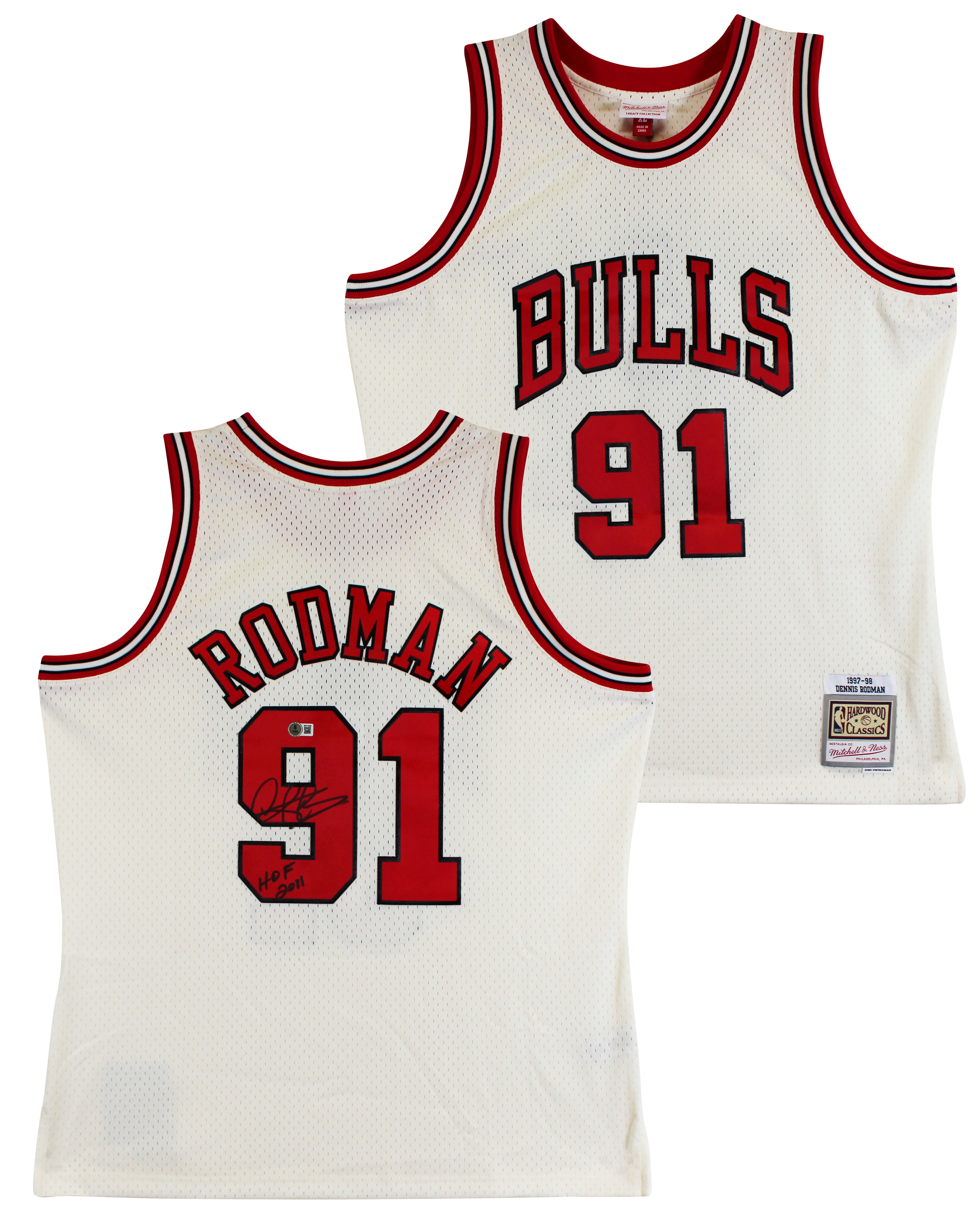 Bulls Dennis Rodman "HOF 2011" Signed Cream M&N HWC Swingman Jersey BAS Witness